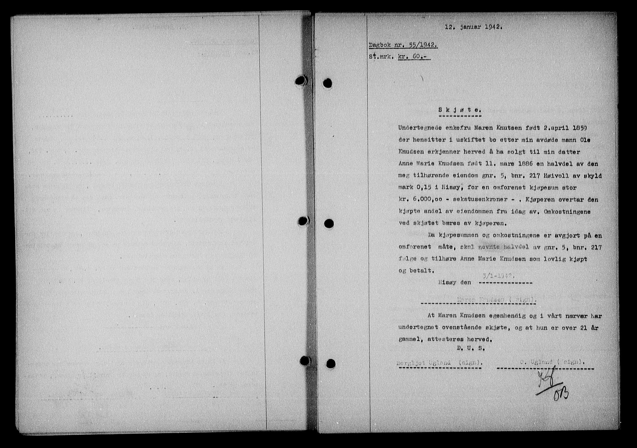 Nedenes sorenskriveri, SAK/1221-0006/G/Gb/Gba/L0049: Mortgage book no. A-III, 1941-1942, Diary no: : 55/1942