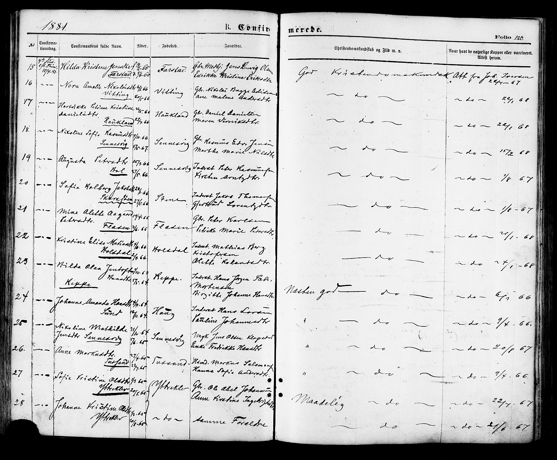 Ministerialprotokoller, klokkerbøker og fødselsregistre - Nordland, AV/SAT-A-1459/881/L1166: Parish register (copy) no. 881C03, 1876-1885, p. 120