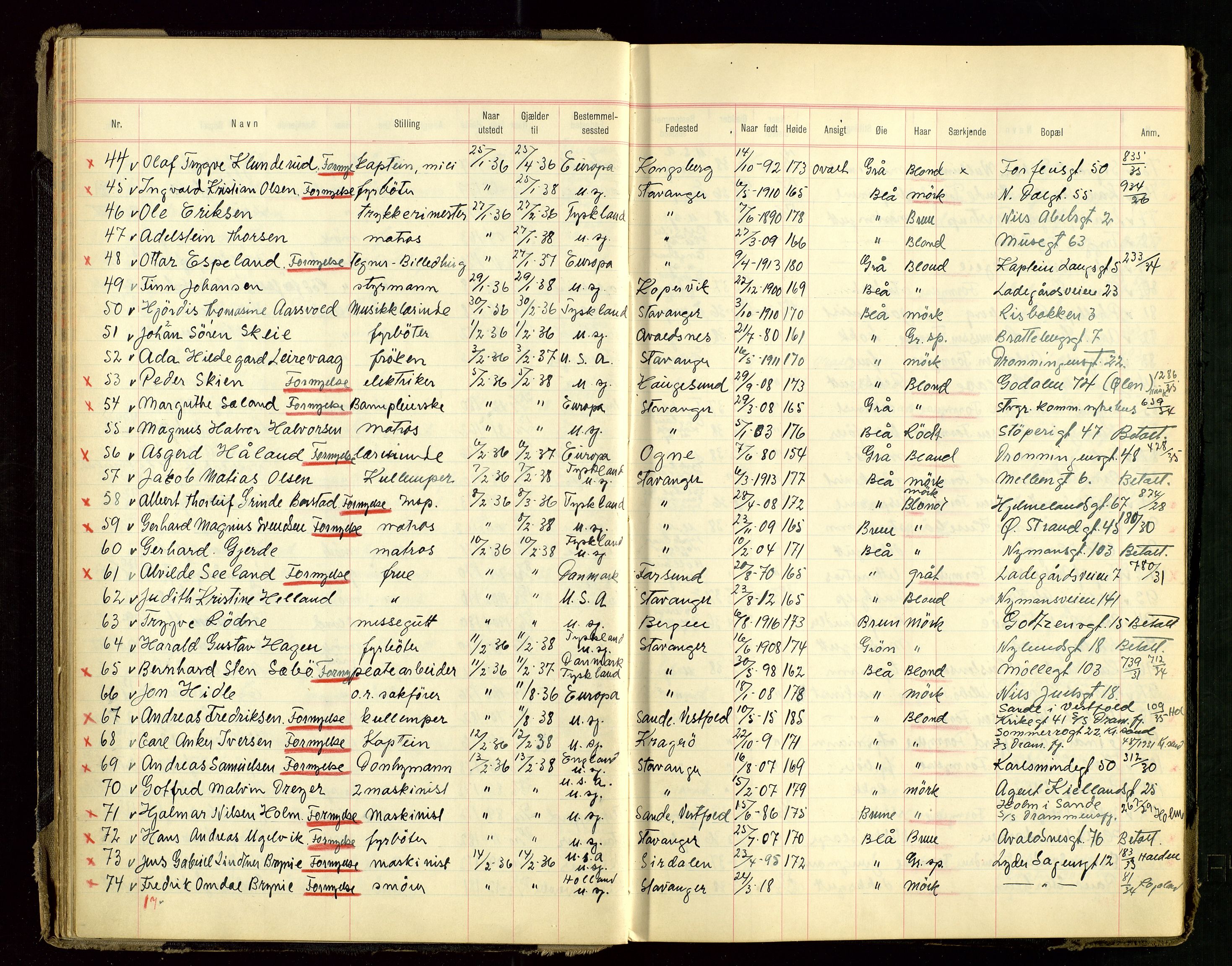 Stavanger politikammer, AV/SAST-A-100361/001/H/Hc/Hcd/Hcdb/L0001: "Passprotokoll", 1935-1939, p. 28