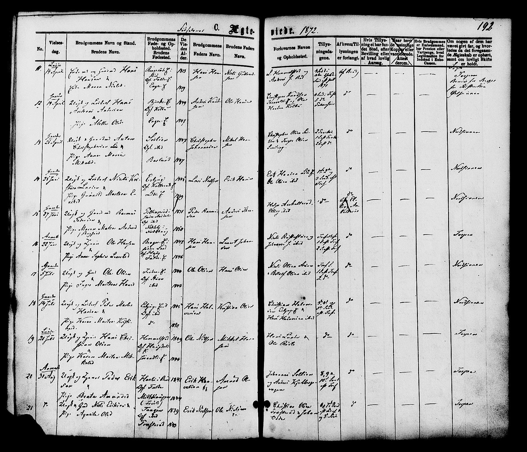 Nordre Land prestekontor, SAH/PREST-124/H/Ha/Haa/L0002: Parish register (official) no. 2, 1872-1881, p. 192