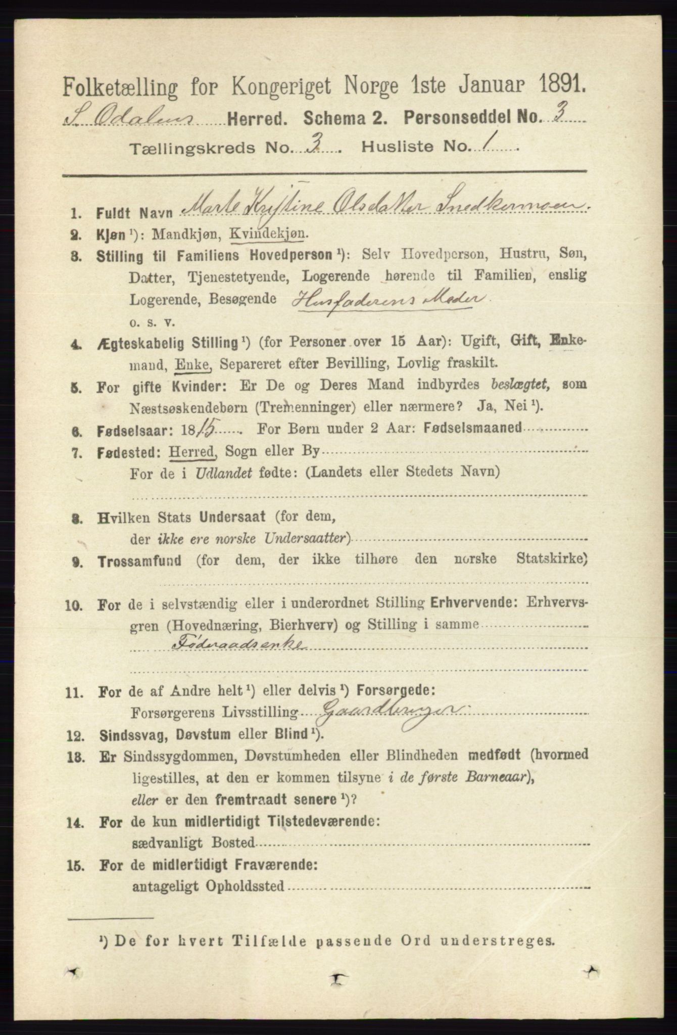 RA, 1891 census for 0419 Sør-Odal, 1891, p. 1155