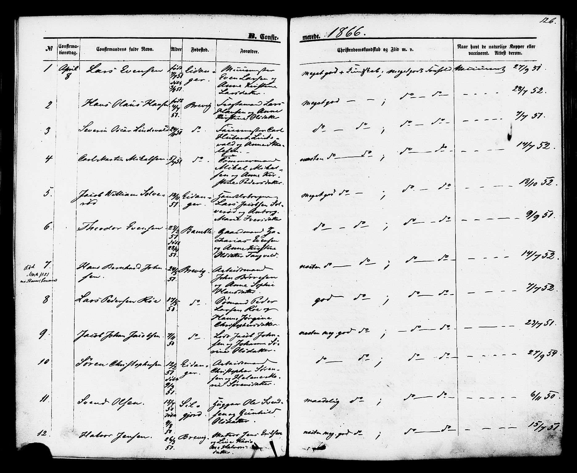 Brevik kirkebøker, SAKO/A-255/F/Fa/L0006: Parish register (official) no. 6, 1866-1881, p. 126