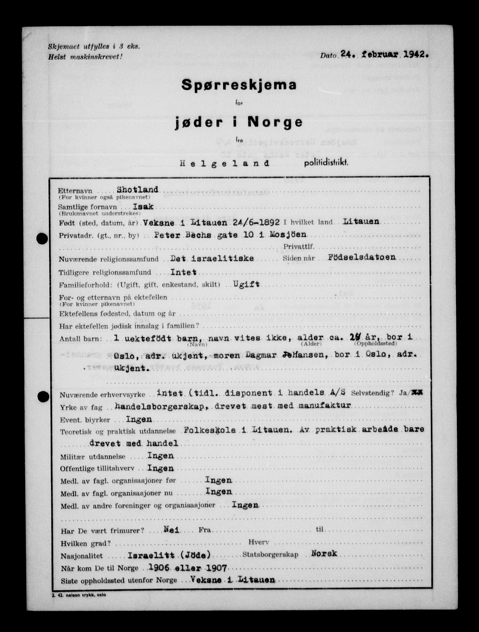 Statspolitiet - Hovedkontoret / Osloavdelingen, AV/RA-S-1329/G/Ga/L0012: Spørreskjema for jøder i Norge. 1: Aker 114- 207 (Levinson-Wozak) og 656 (Salomon). 2: Arendal-Hordaland. 3: Horten-Romerike.  , 1942, p. 601