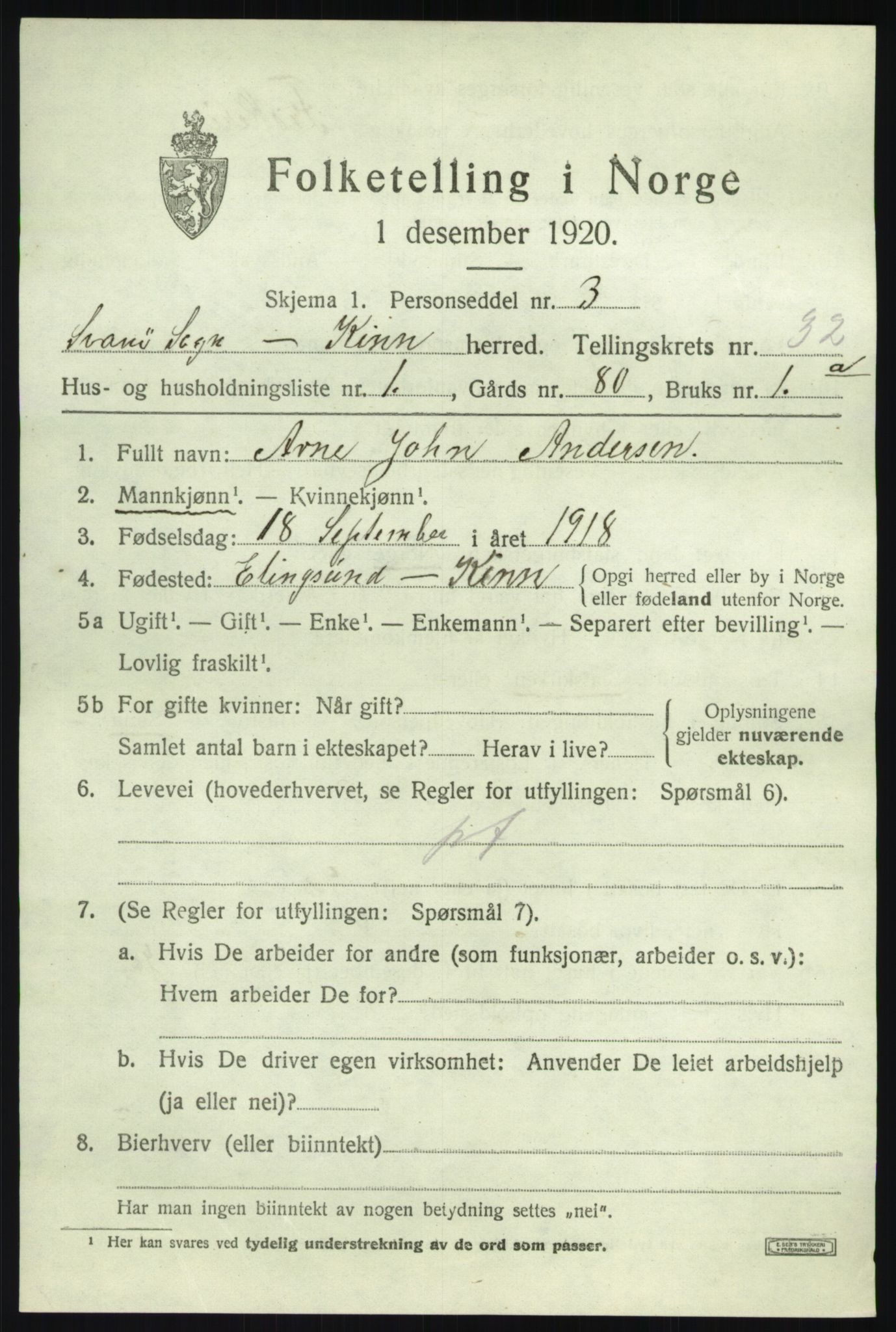 SAB, 1920 census for Kinn, 1920, p. 10725