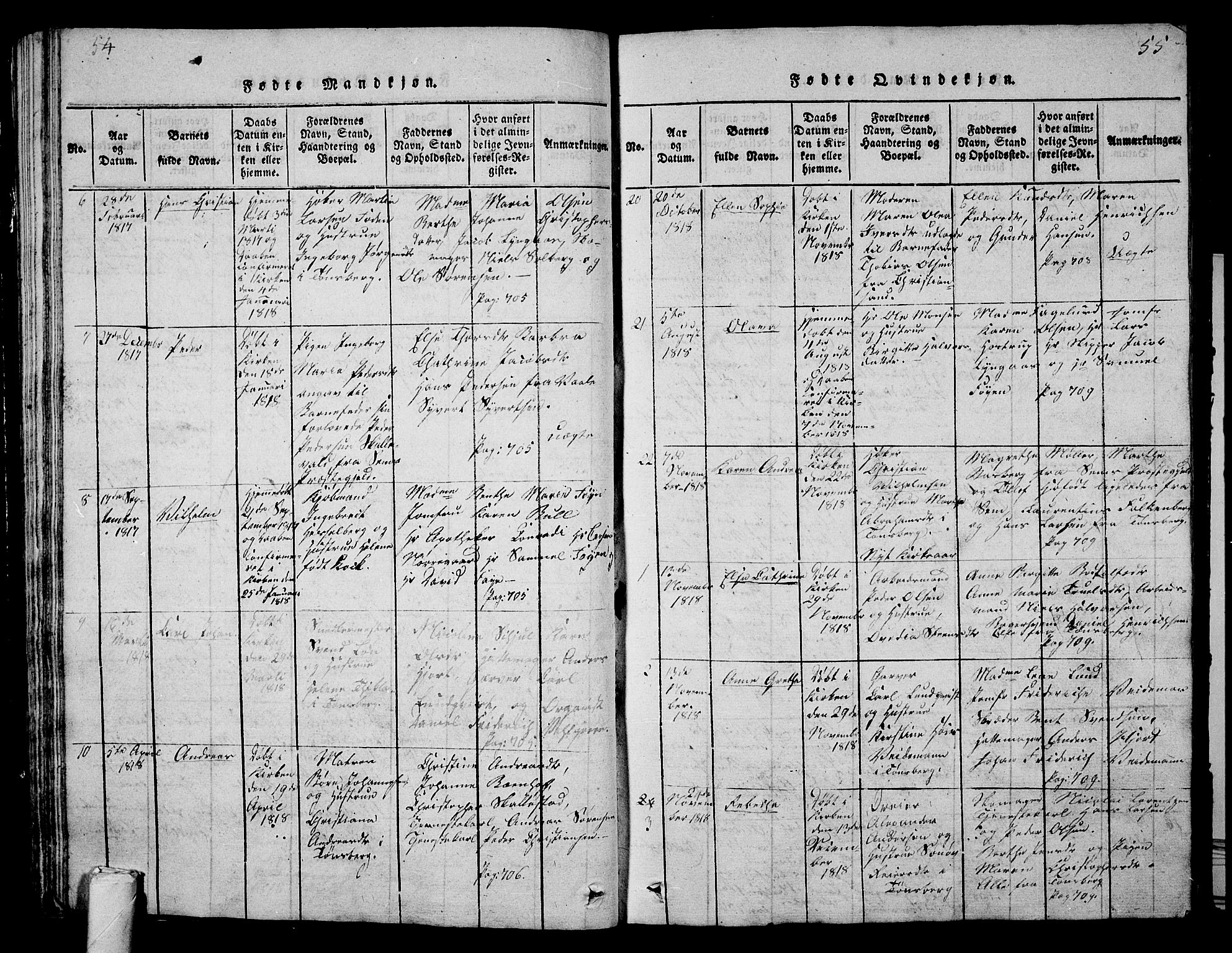 Tønsberg kirkebøker, SAKO/A-330/G/Ga/L0001: Parish register (copy) no. 1, 1813-1826, p. 54-55