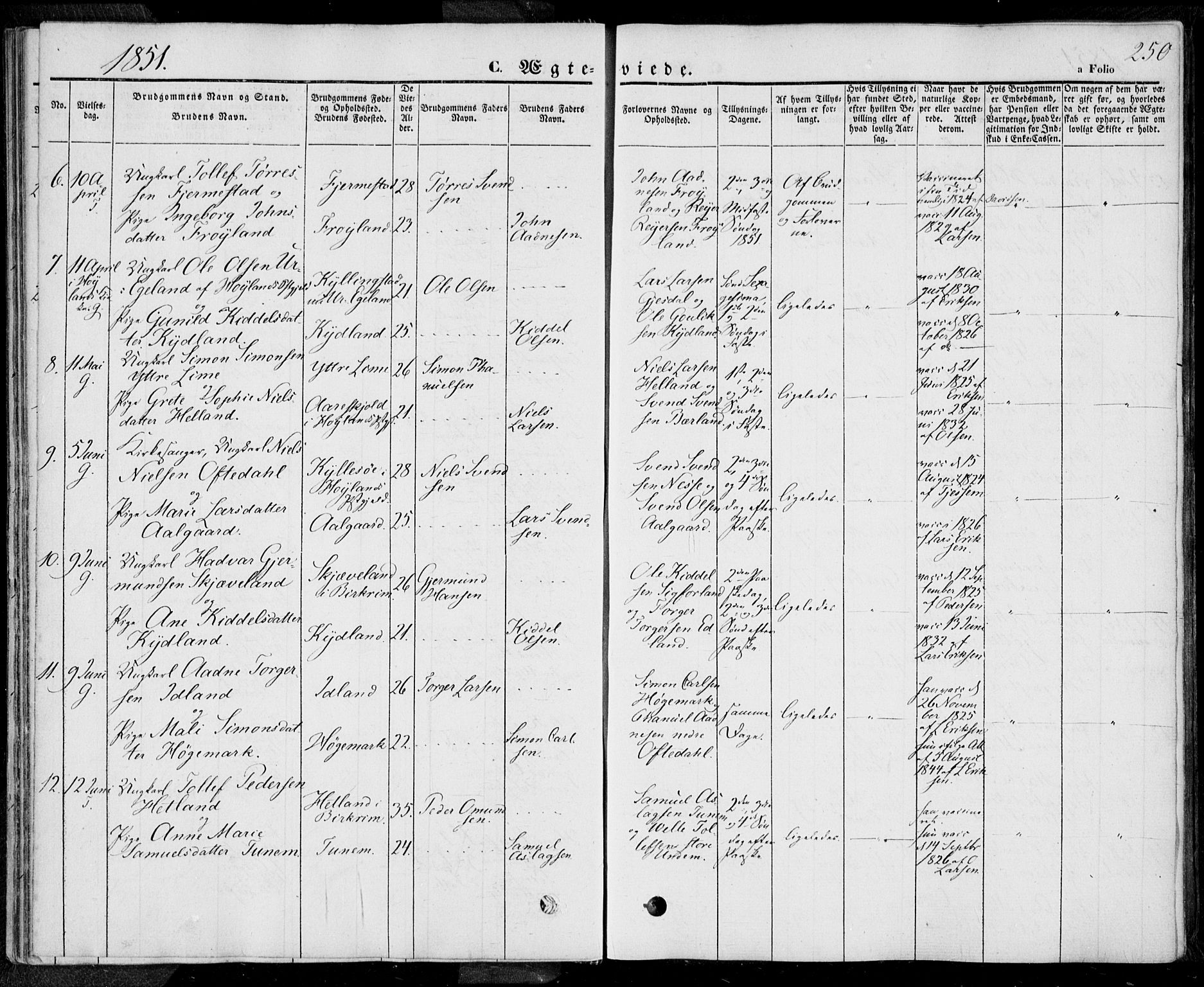 Lye sokneprestkontor, SAST/A-101794/001/30BA/L0006: Parish register (official) no. A 5.2, 1842-1855, p. 250