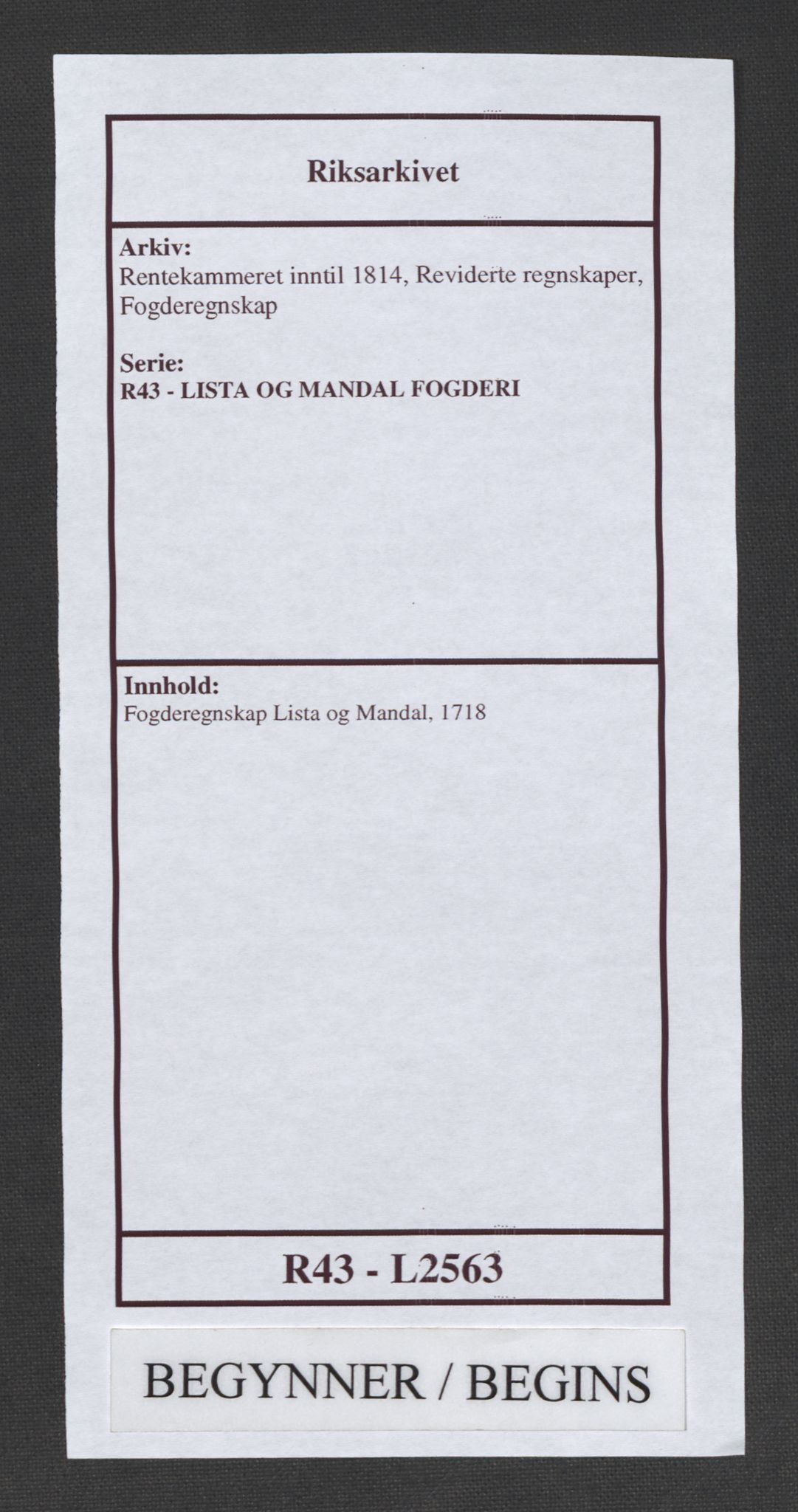 Rentekammeret inntil 1814, Reviderte regnskaper, Fogderegnskap, AV/RA-EA-4092/R43/L2563: Fogderegnskap Lista og Mandal, 1718, p. 1