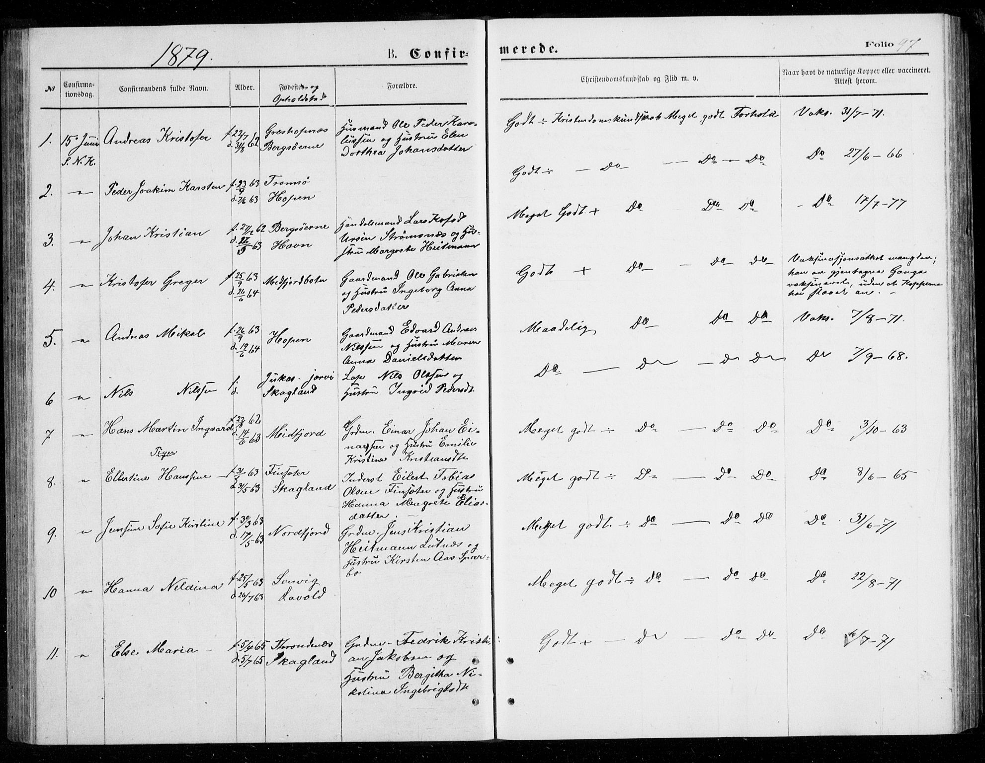 Berg sokneprestkontor, SATØ/S-1318/G/Ga/Gab/L0003klokker: Parish register (copy) no. 3, 1874-1886, p. 97