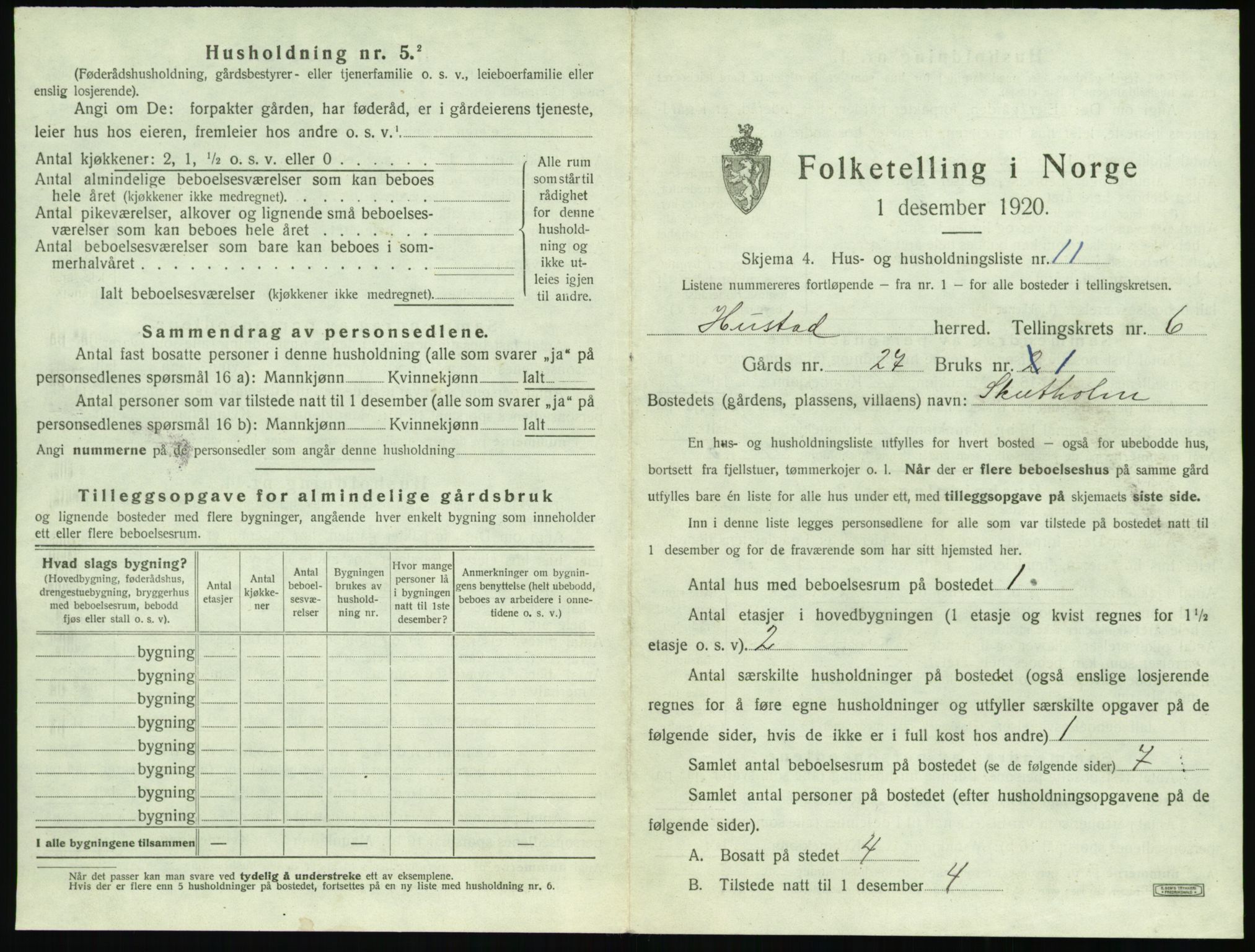 SAT, 1920 census for Hustad, 1920, p. 627