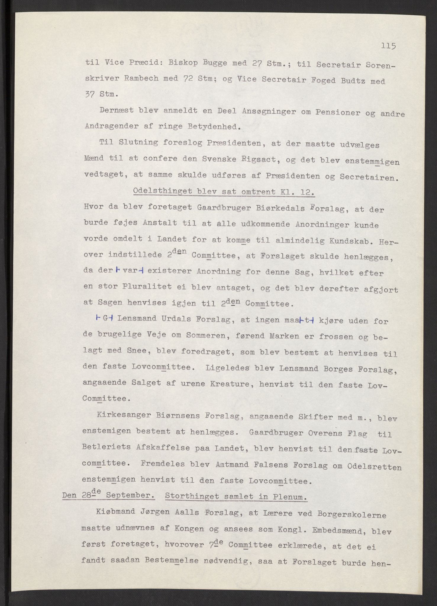 Manuskriptsamlingen, AV/RA-EA-3667/F/L0197: Wetlesen, Hans Jørgen (stortingsmann, ingeniørkaptein); Referat fra Stortinget 1815-1816, 1815-1816, p. 115