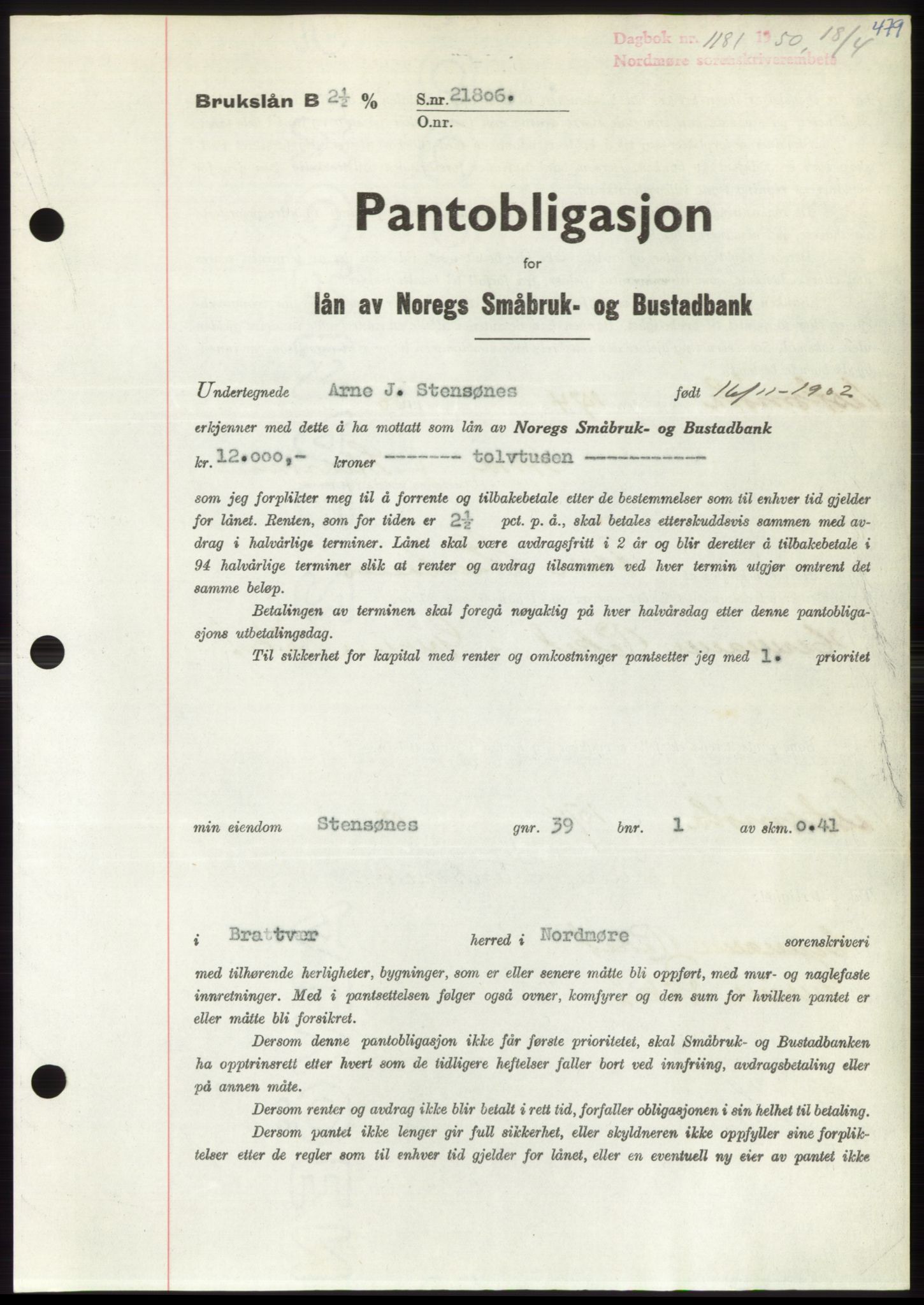 Nordmøre sorenskriveri, AV/SAT-A-4132/1/2/2Ca: Mortgage book no. B104, 1950-1950, Diary no: : 1181/1950