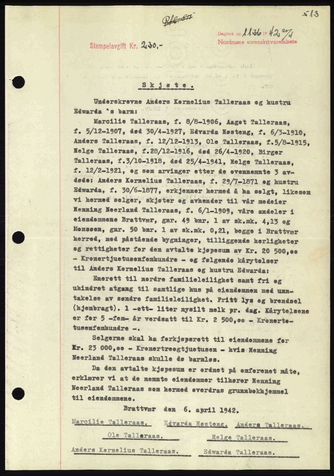 Nordmøre sorenskriveri, AV/SAT-A-4132/1/2/2Ca: Mortgage book no. A92, 1942-1942, Diary no: : 1136/1942