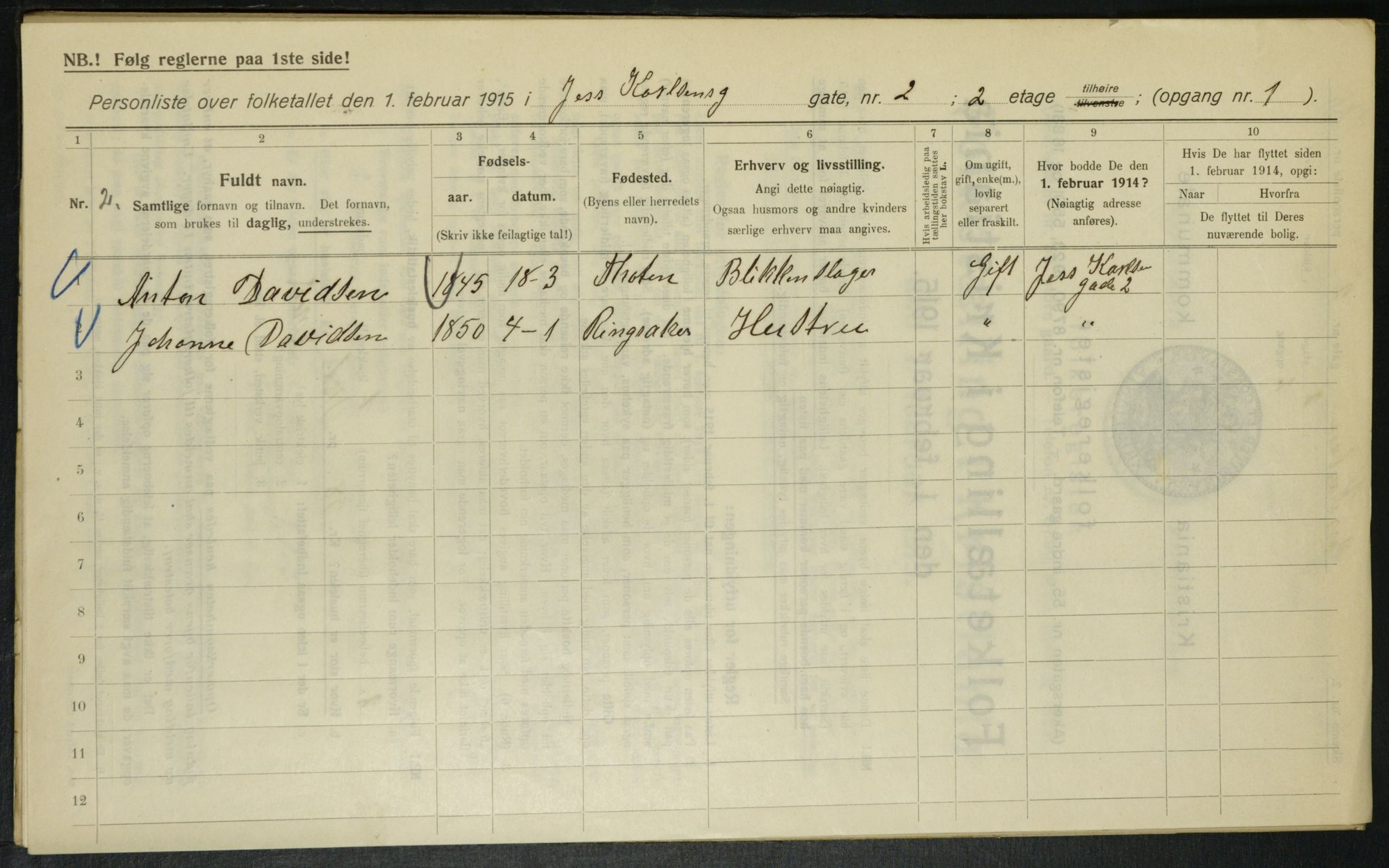 OBA, Municipal Census 1915 for Kristiania, 1915, p. 46510