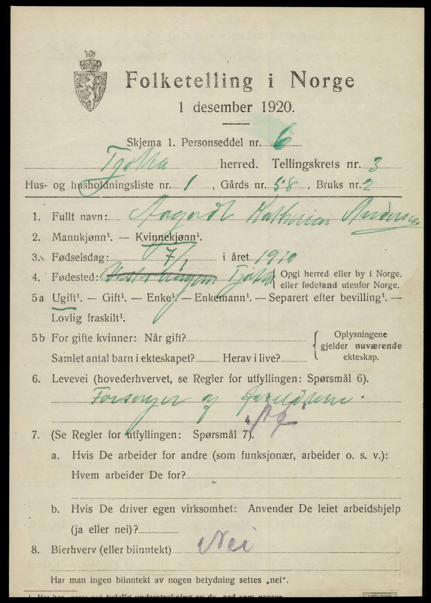 SAT, 1920 census for Tjøtta, 1920, p. 1433