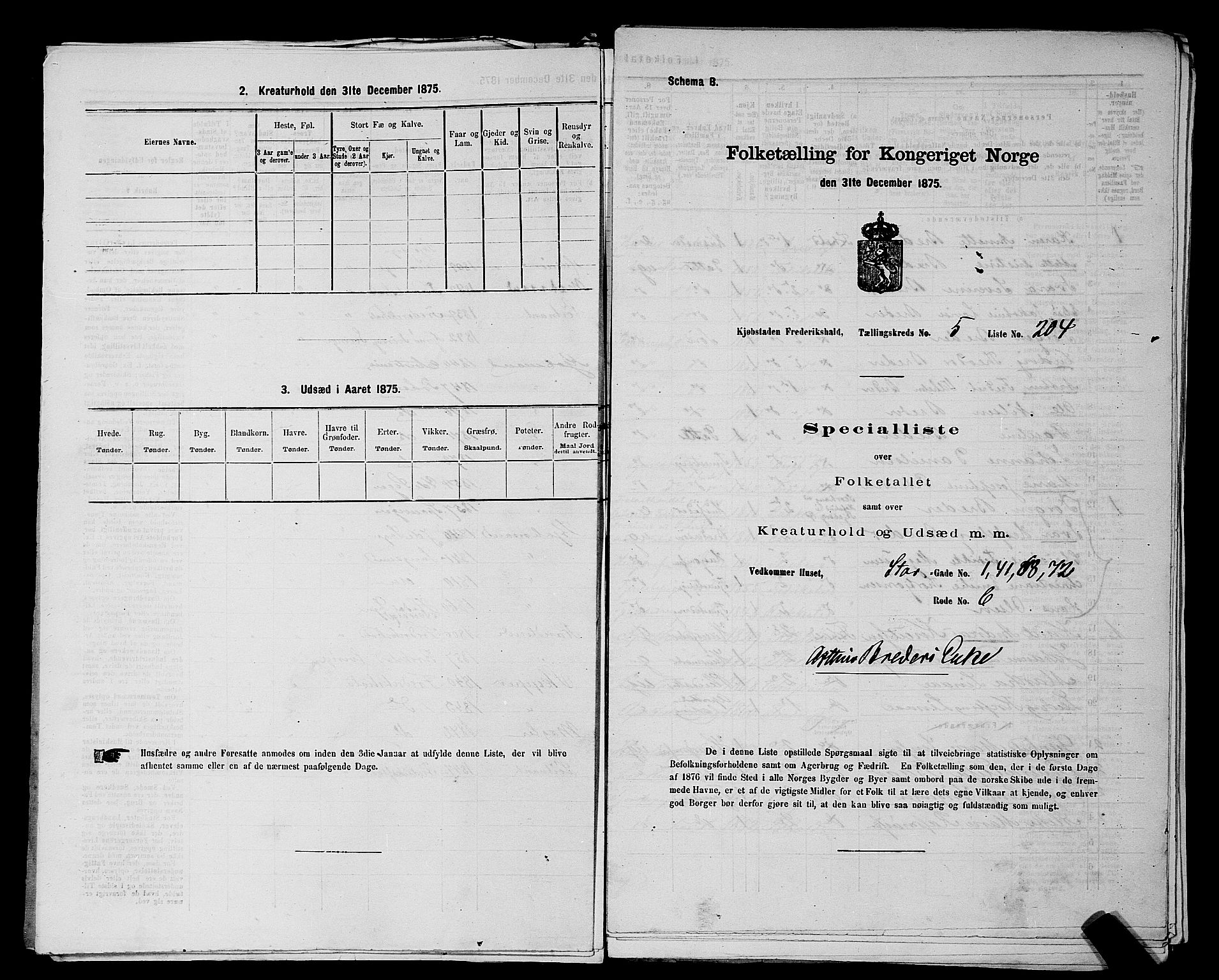 RA, 1875 census for 0101P Fredrikshald, 1875, p. 492