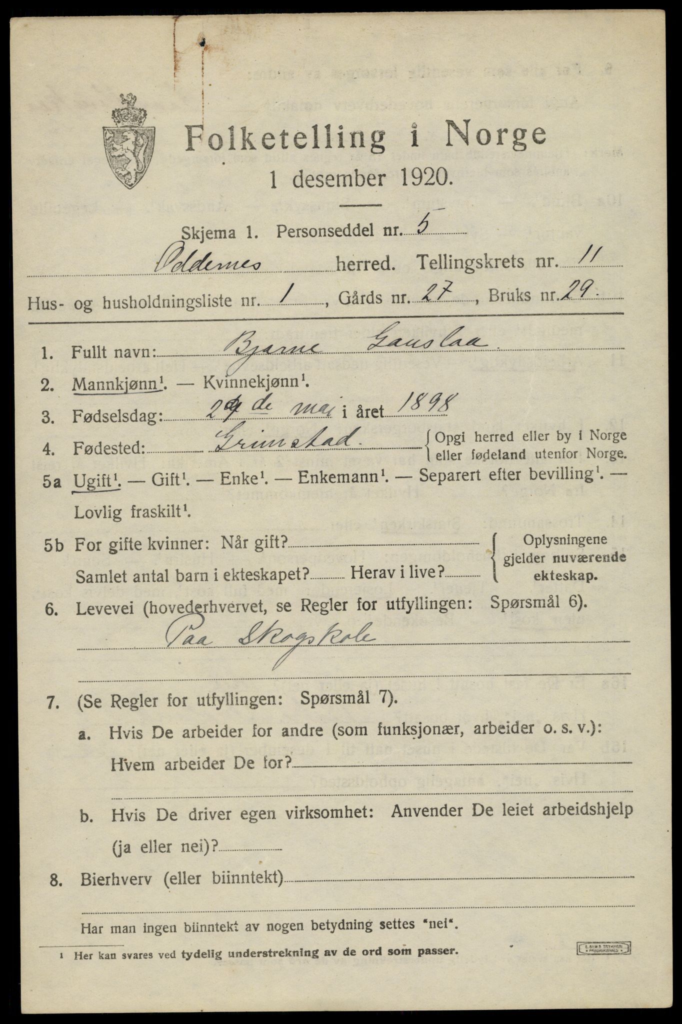 SAK, 1920 census for Oddernes, 1920, p. 7069