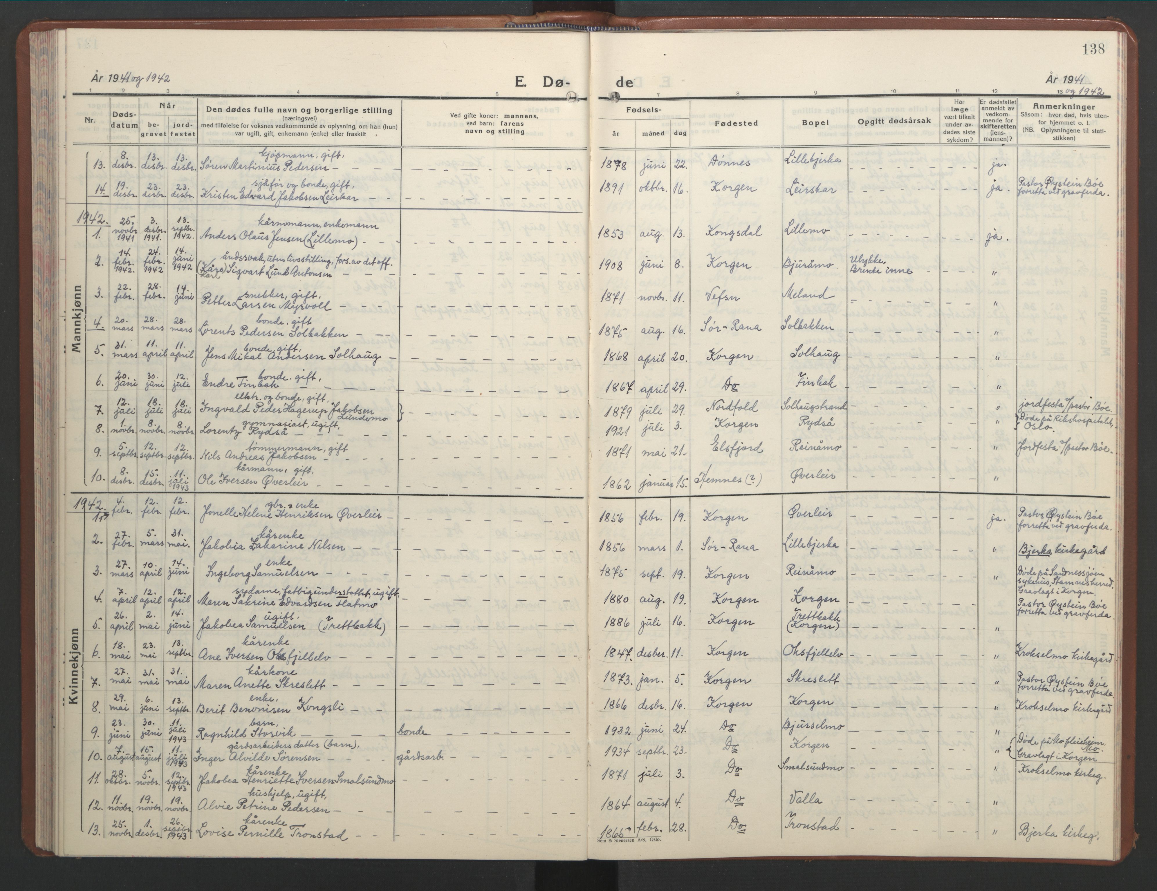 Ministerialprotokoller, klokkerbøker og fødselsregistre - Nordland, AV/SAT-A-1459/826/L0385: Parish register (copy) no. 826C05, 1933-1951, p. 138