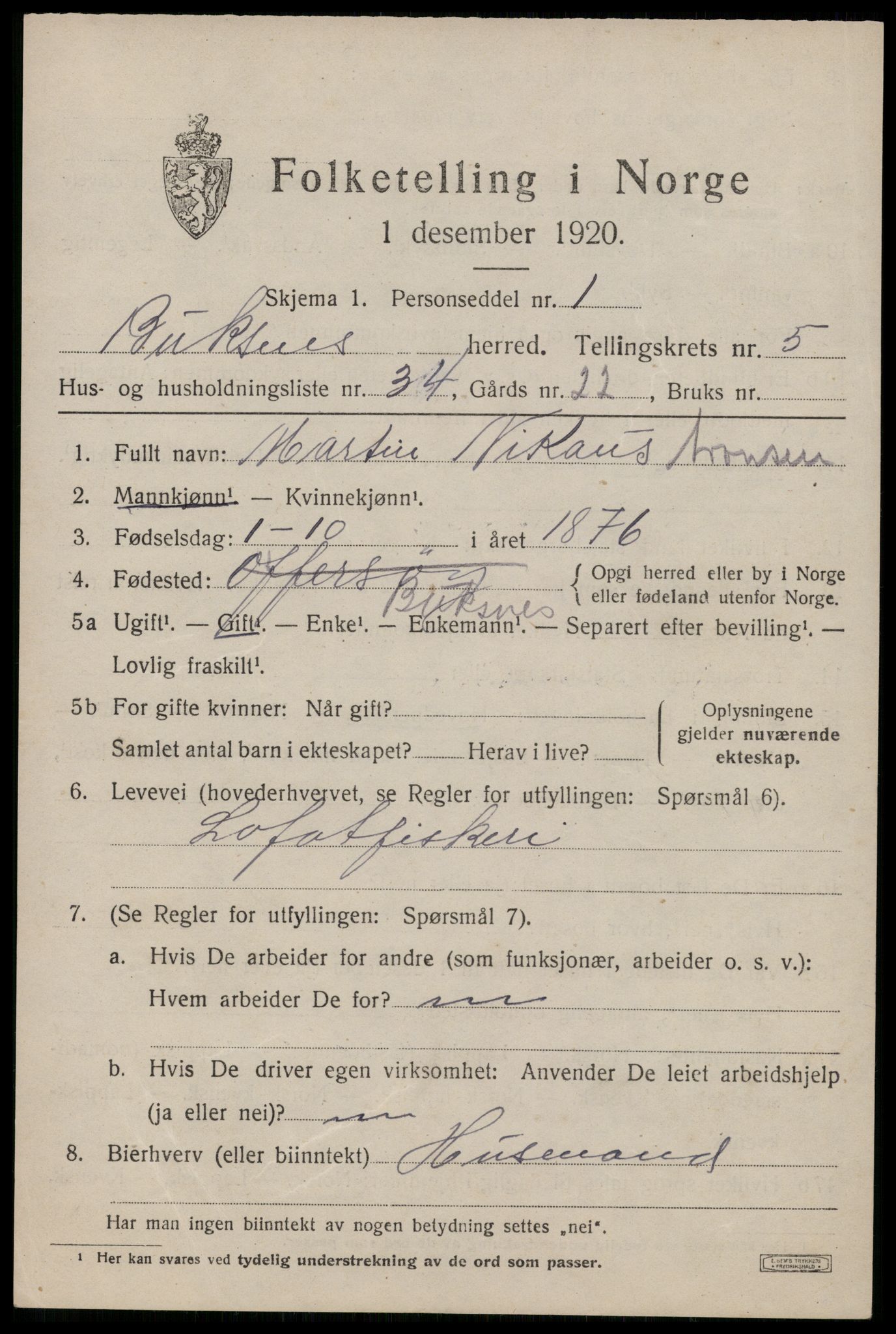 SAT, 1920 census for Buksnes, 1920, p. 5007