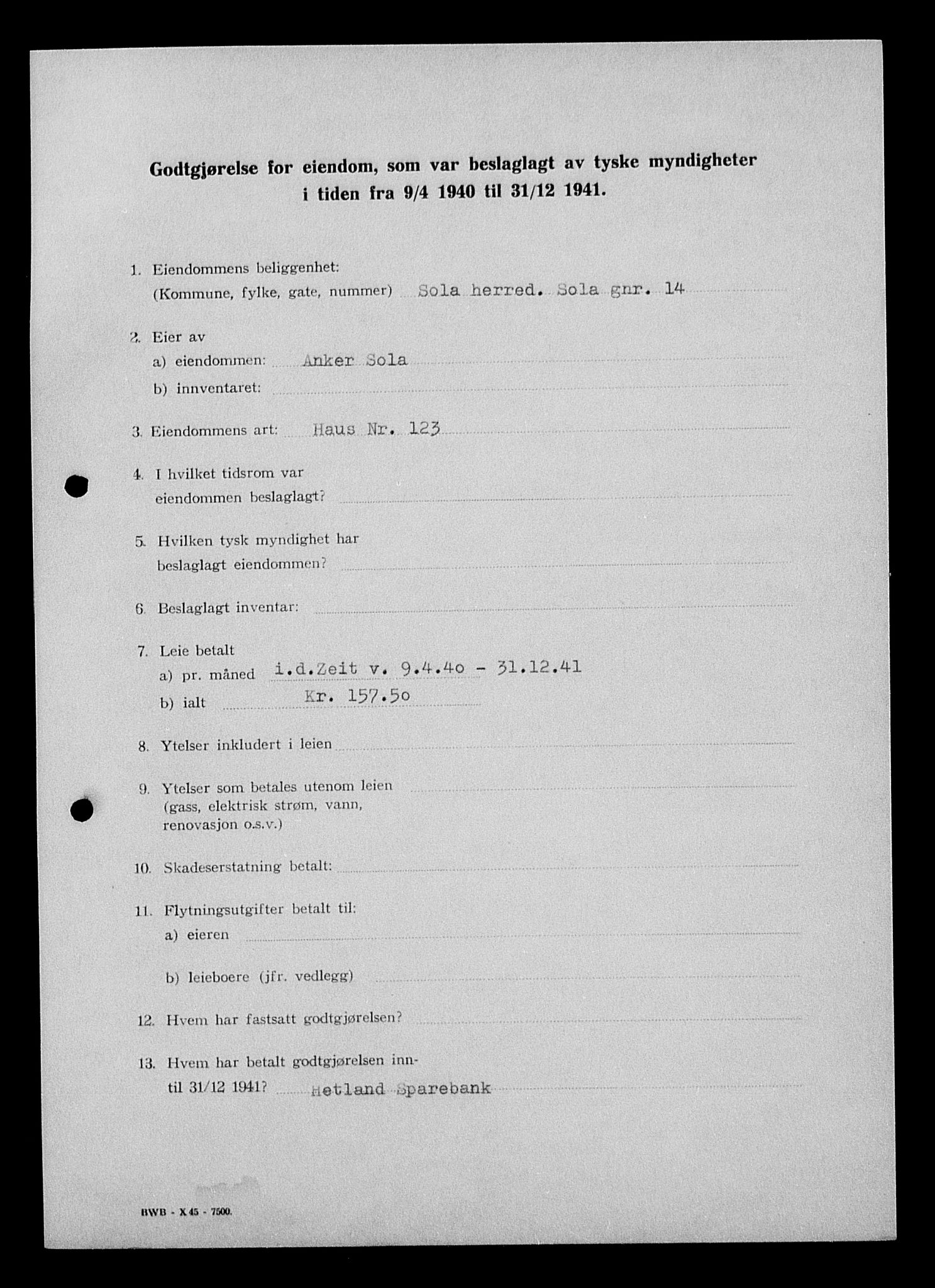 Justisdepartementet, Tilbakeføringskontoret for inndratte formuer, AV/RA-S-1564/I/L1015: Godtgjørelse for beslaglagt eiendom, 1940-1941, p. 201