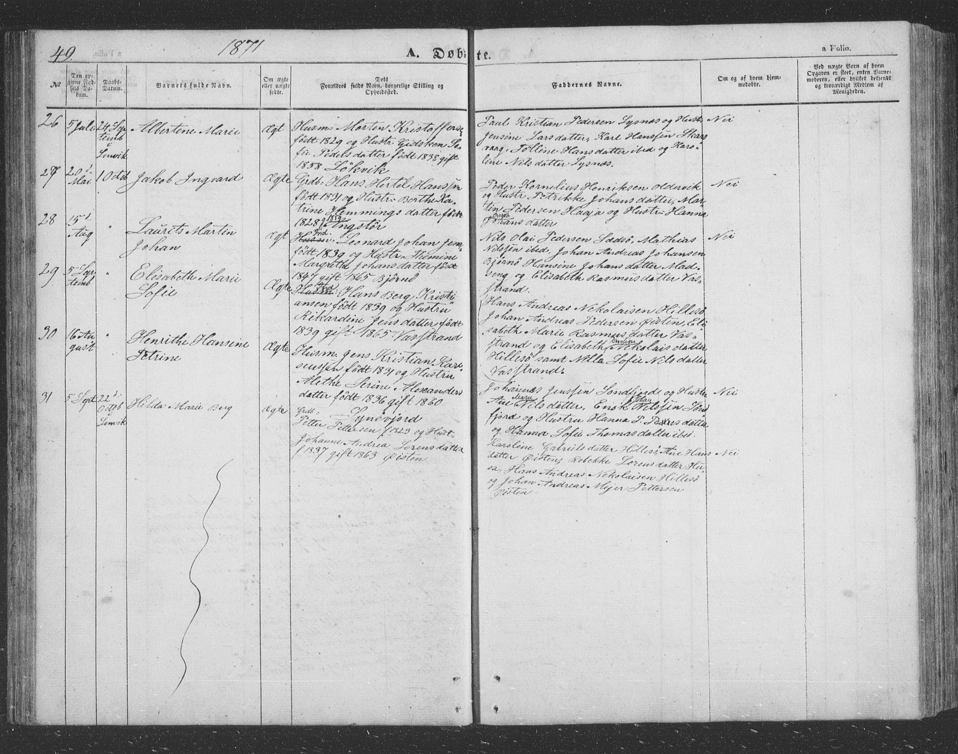 Lenvik sokneprestembete, SATØ/S-1310/H/Ha/Hab/L0020klokker: Parish register (copy) no. 20, 1855-1883, p. 49