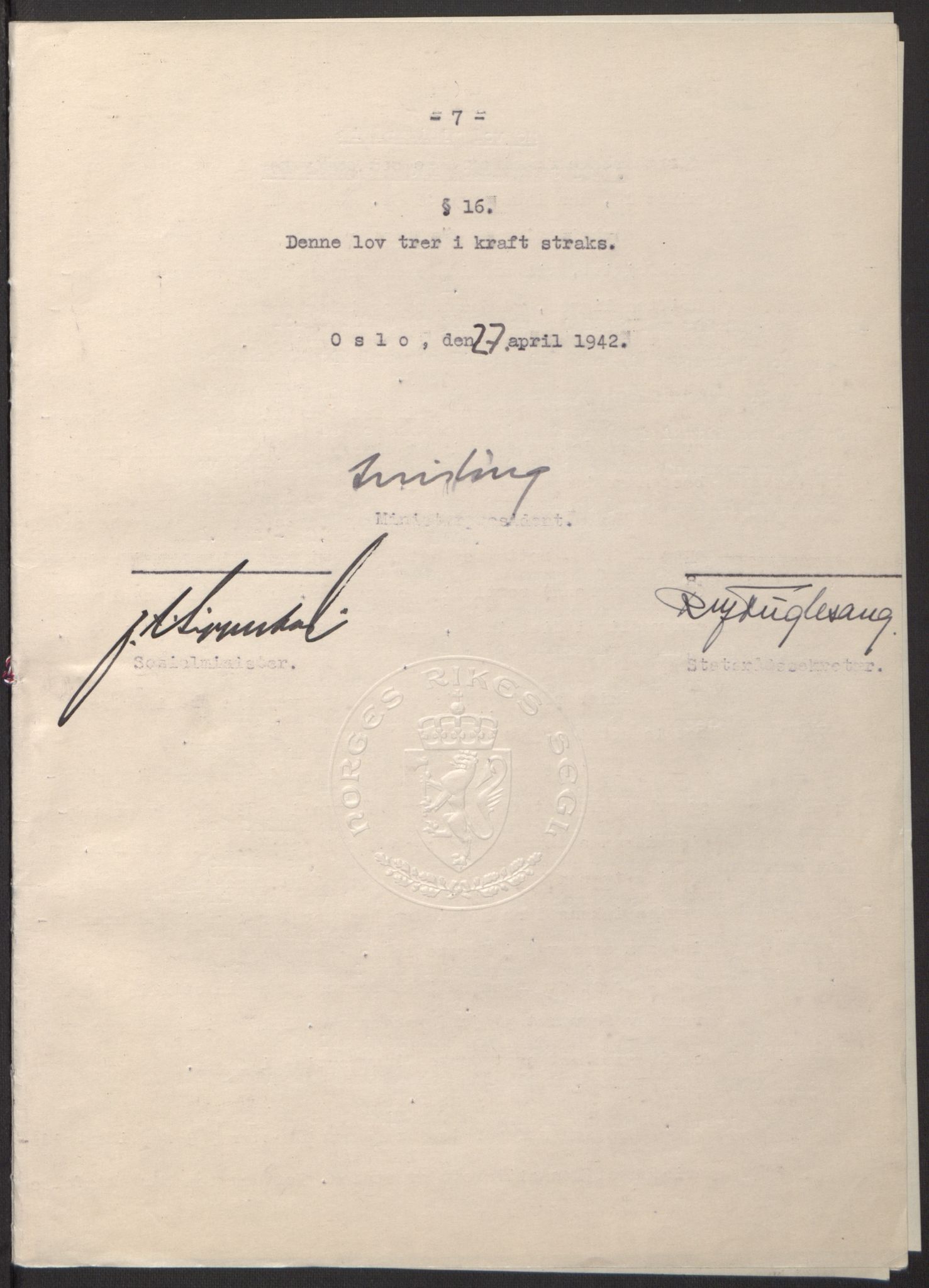 NS-administrasjonen 1940-1945 (Statsrådsekretariatet, de kommisariske statsråder mm), RA/S-4279/D/Db/L0097: Lover I, 1942, p. 317