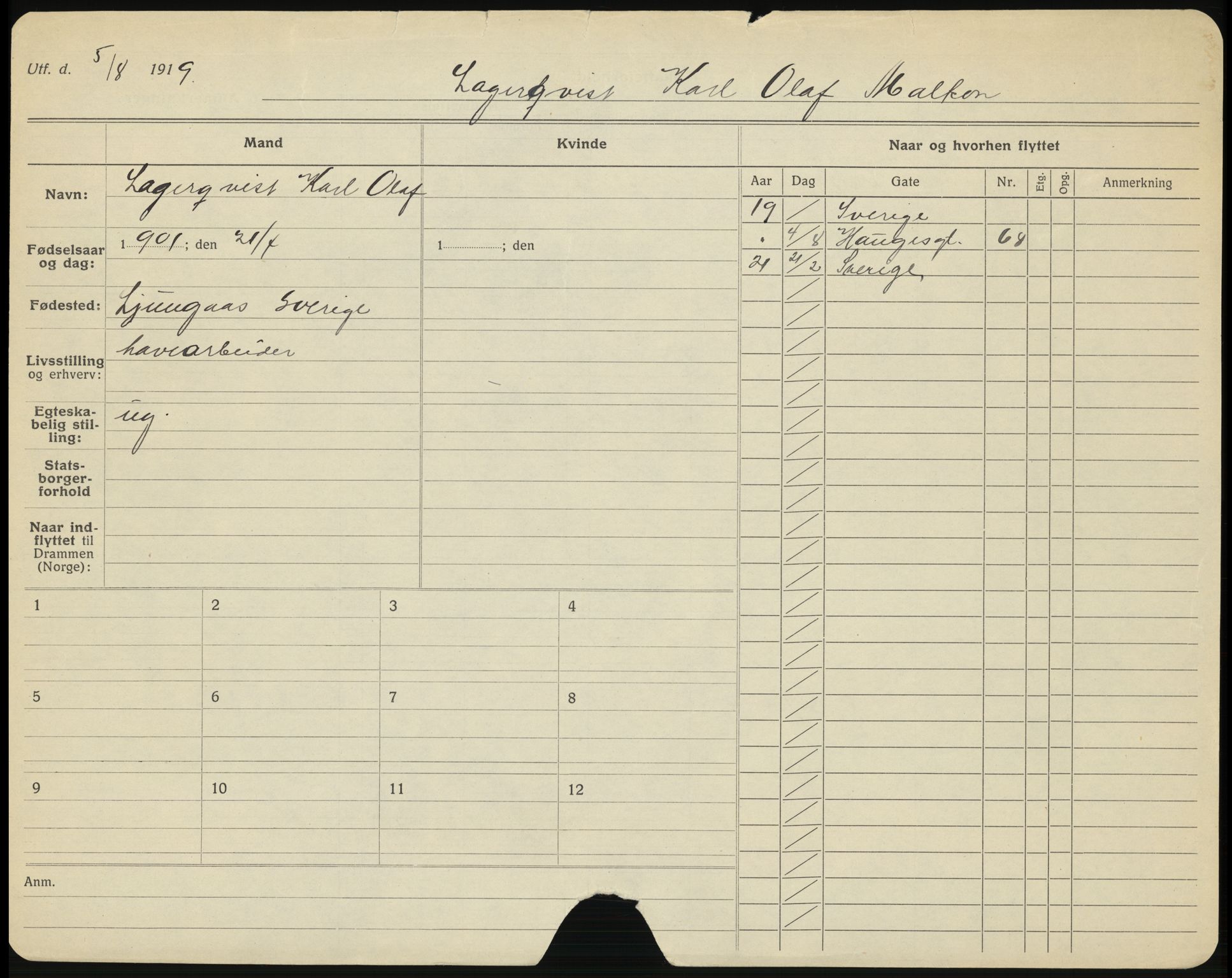 Drammen folkeregister, AV/SAKO-A-136/G/Ga/L0009: Utflyttede, 1921