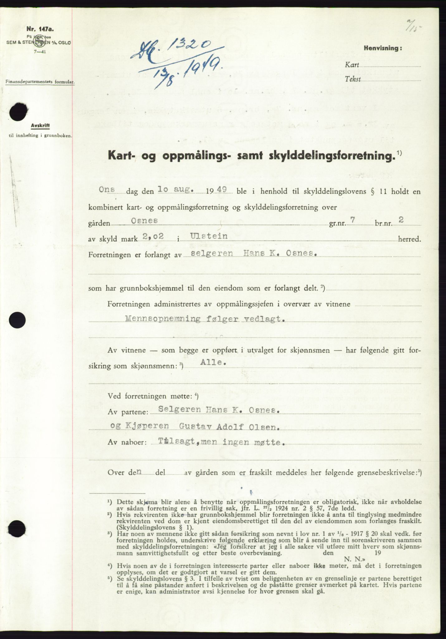 Søre Sunnmøre sorenskriveri, AV/SAT-A-4122/1/2/2C/L0084: Mortgage book no. 10A, 1949-1949, Diary no: : 1320/1949