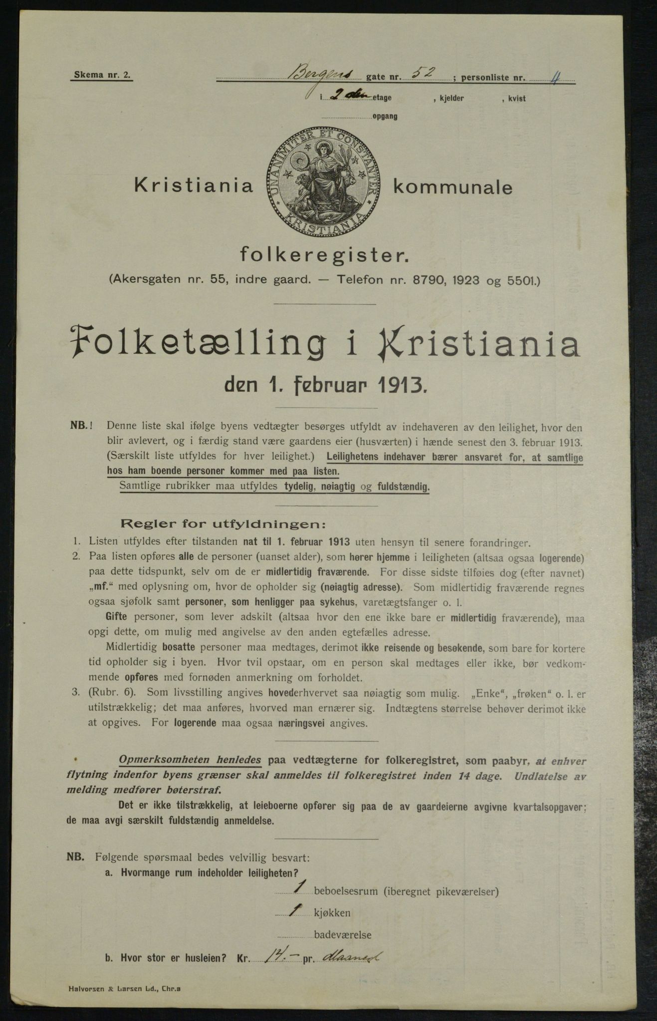 OBA, Municipal Census 1913 for Kristiania, 1913, p. 3852