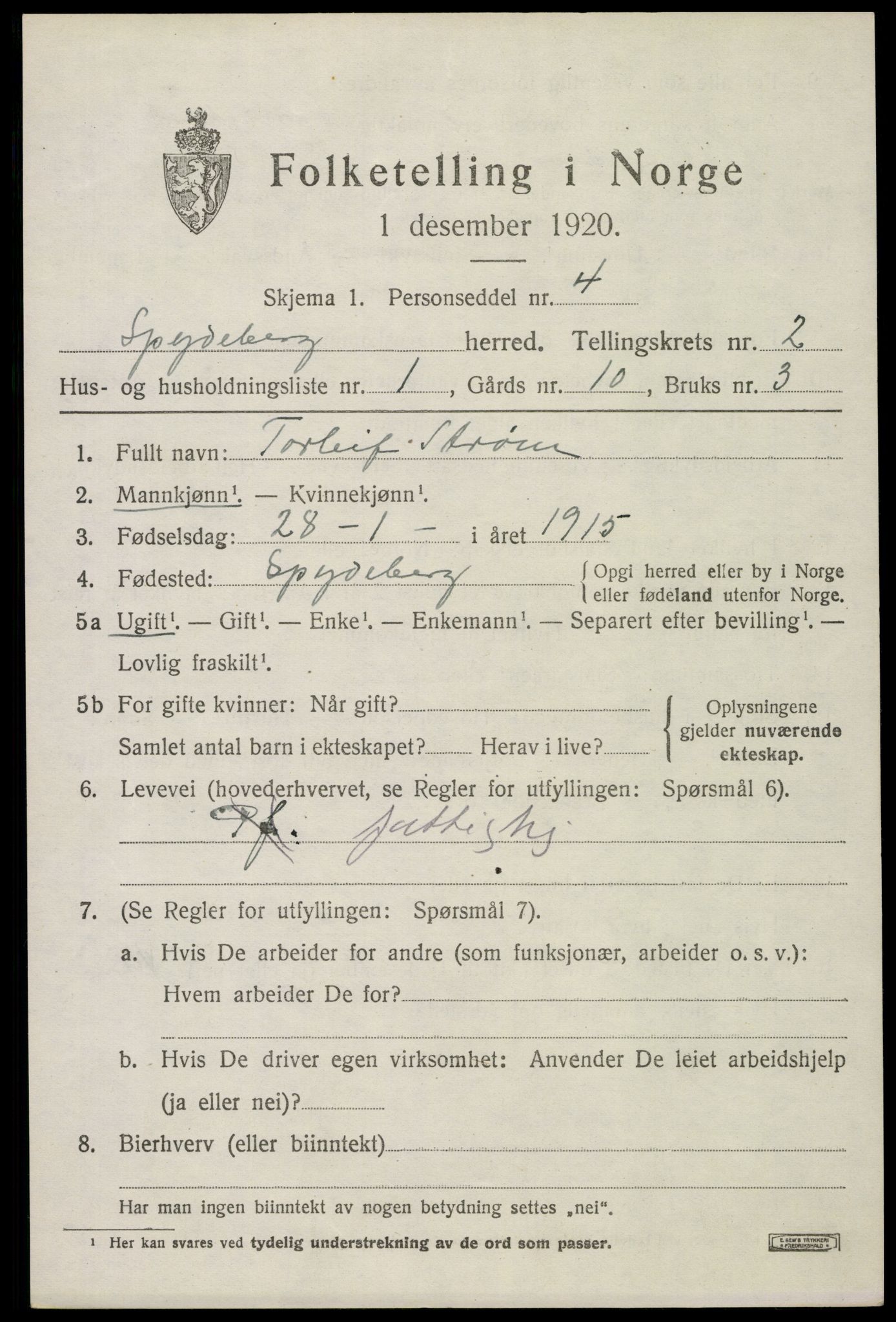 SAO, 1920 census for Spydeberg, 1920, p. 2813