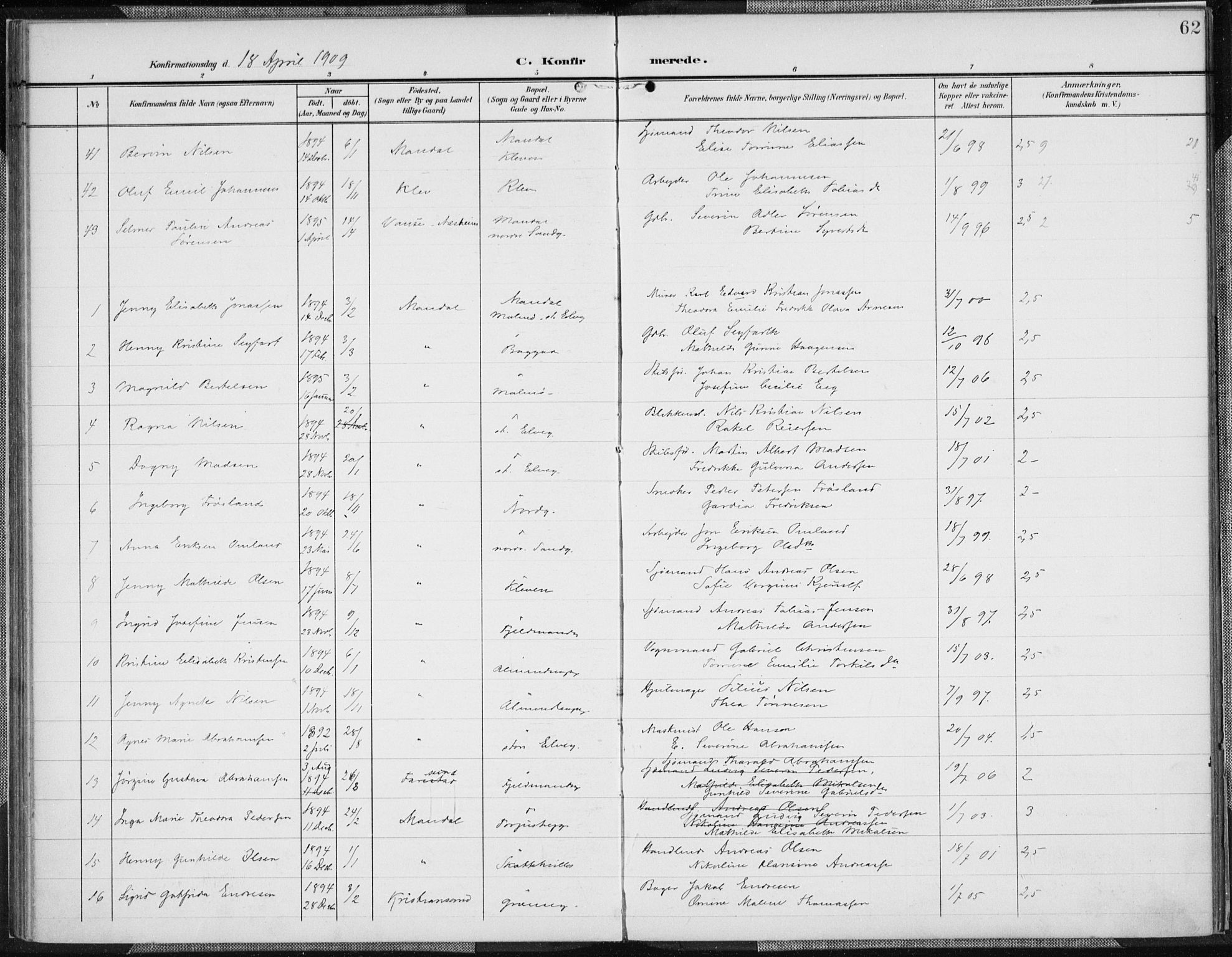 Mandal sokneprestkontor, AV/SAK-1111-0030/F/Fa/Faa/L0019: Parish register (official) no. A 19, 1902-1912, p. 62