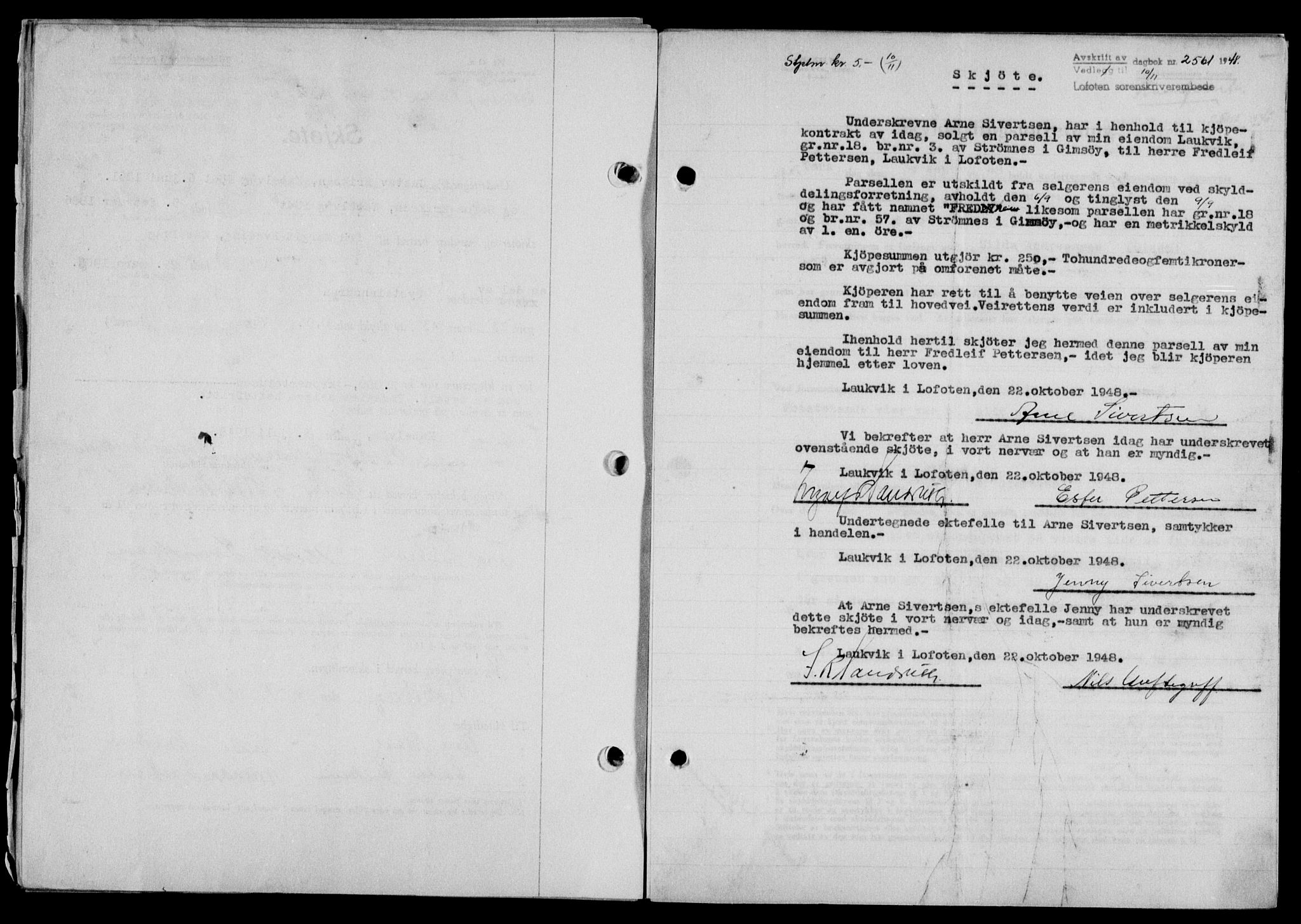 Lofoten sorenskriveri, SAT/A-0017/1/2/2C/L0019a: Mortgage book no. 19a, 1948-1948, Diary no: : 2561/1948