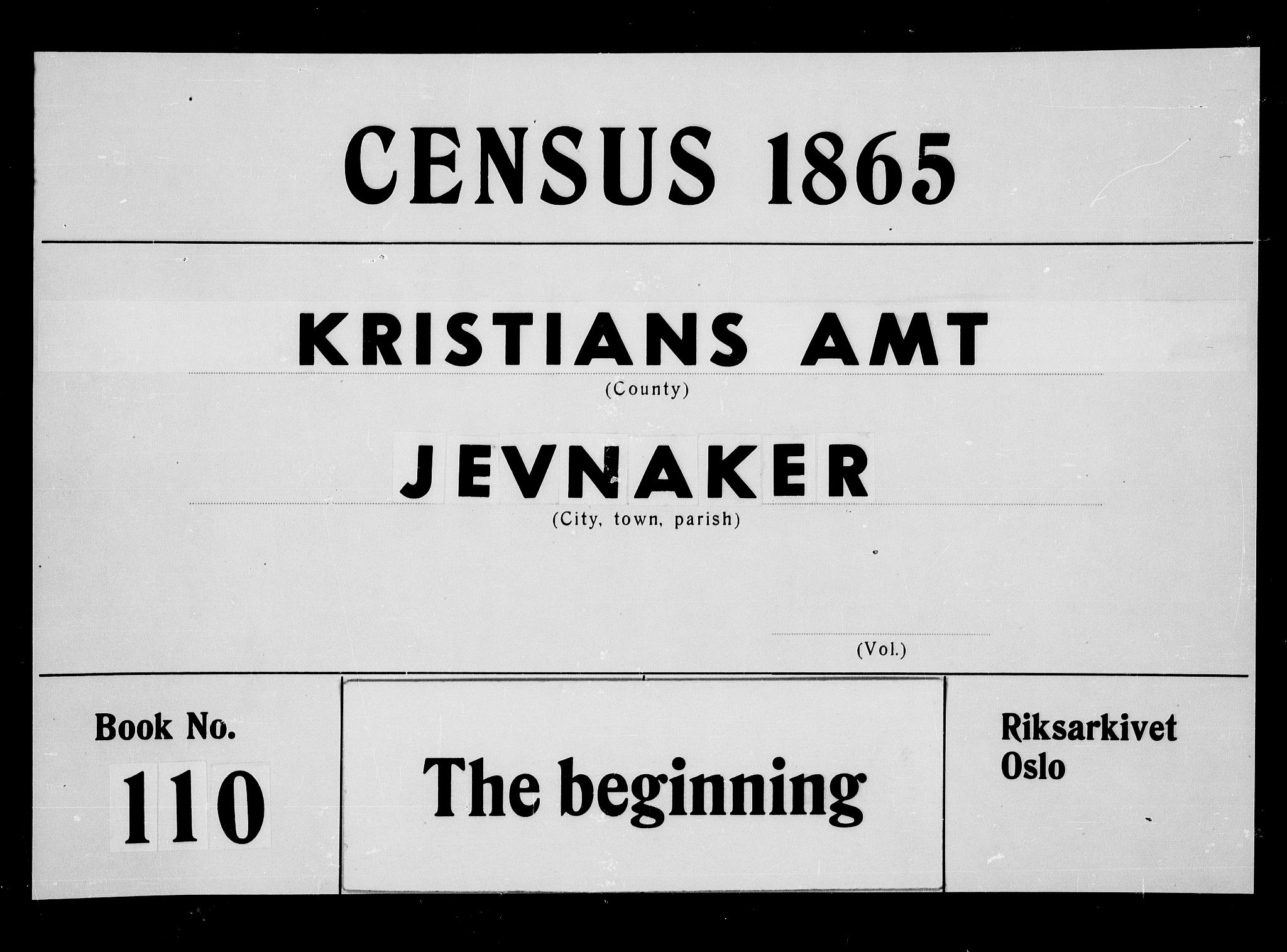 RA, 1865 census for Jevnaker, 1865, p. 1