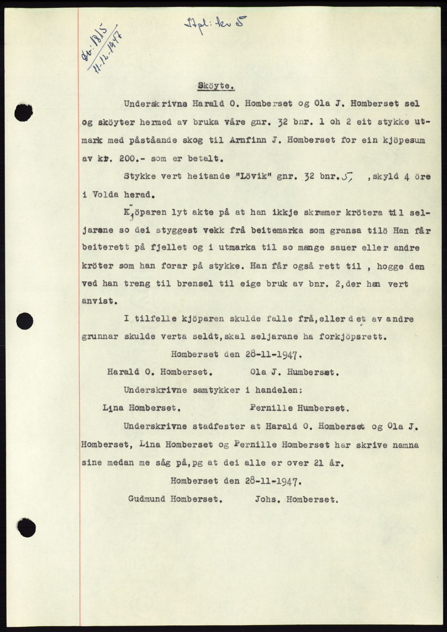 Søre Sunnmøre sorenskriveri, AV/SAT-A-4122/1/2/2C/L0081: Mortgage book no. 7A, 1947-1948, Diary no: : 1815/1947