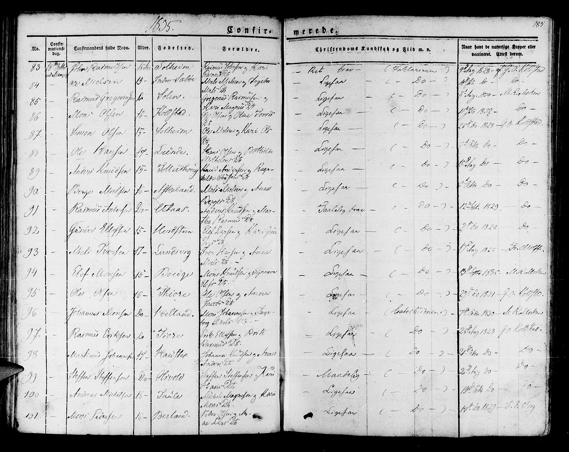Manger sokneprestembete, SAB/A-76801/H/Haa: Parish register (official) no. A 4, 1824-1838, p. 185