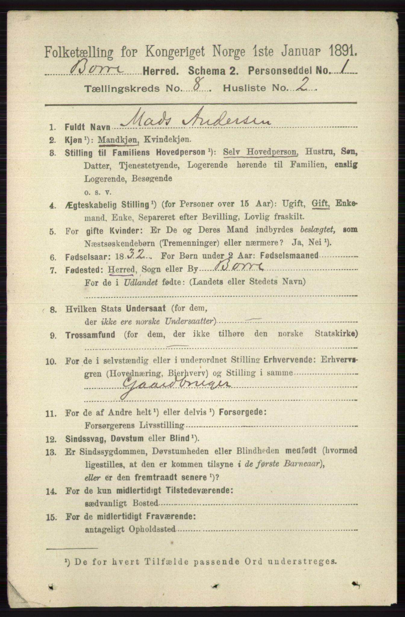 RA, 1891 census for 0717 Borre, 1891, p. 3687