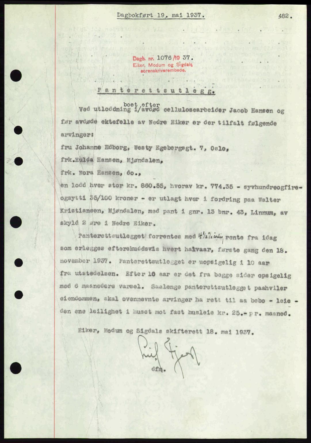 Eiker, Modum og Sigdal sorenskriveri, SAKO/A-123/G/Ga/Gab/L0035: Mortgage book no. A5, 1937-1937, Diary no: : 1076/1937