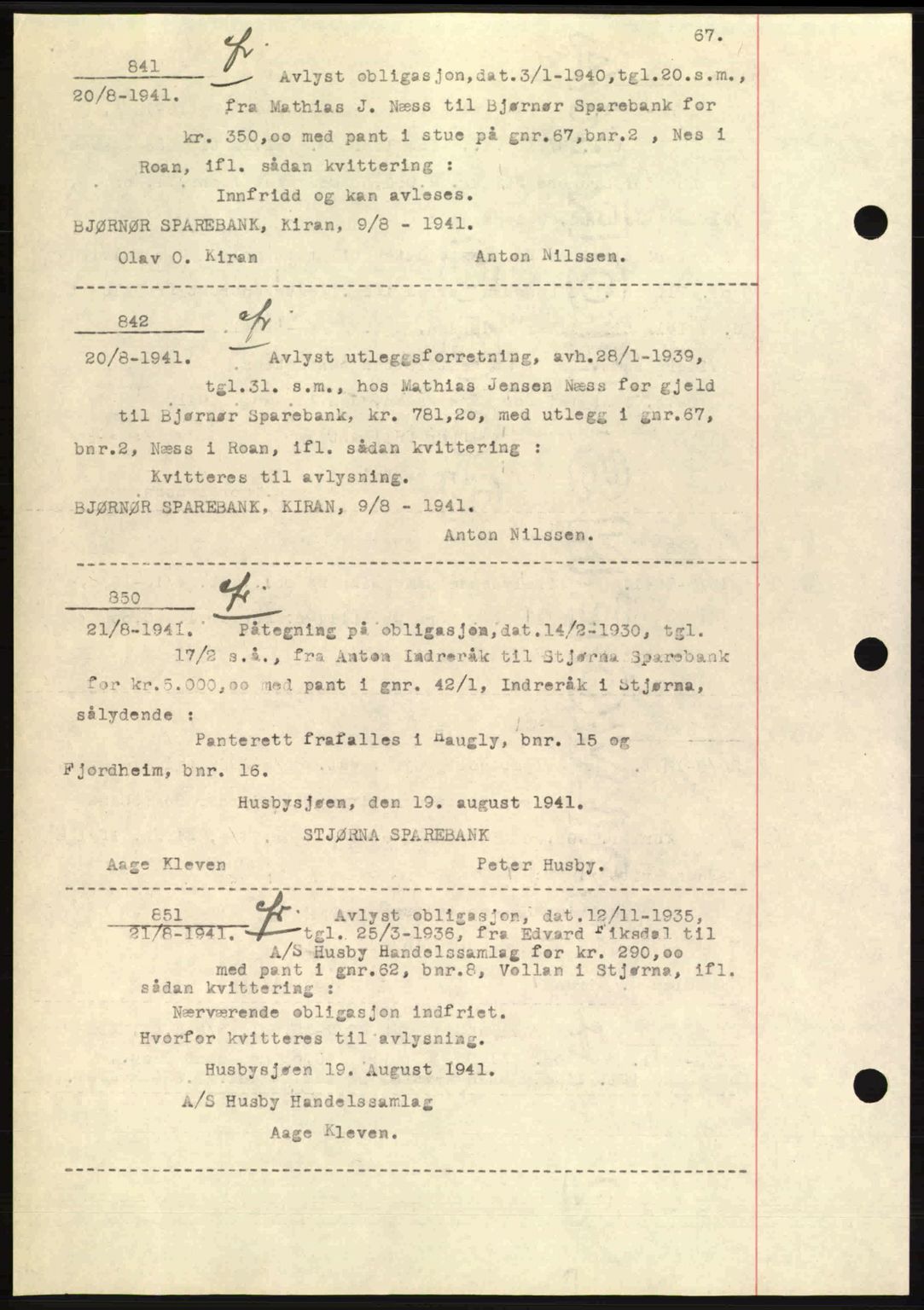 Fosen sorenskriveri, AV/SAT-A-1107/1/2/2C: Mortgage book no. 84-85, 1941-1942, Diary no: : 841/1941