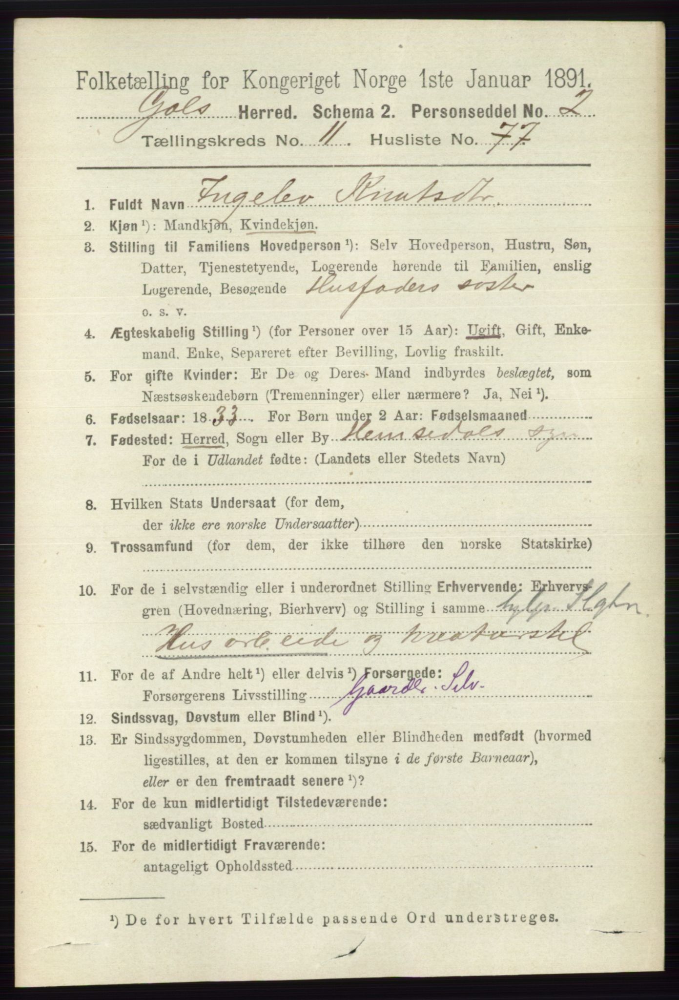 RA, 1891 census for 0617 Gol og Hemsedal, 1891, p. 4819