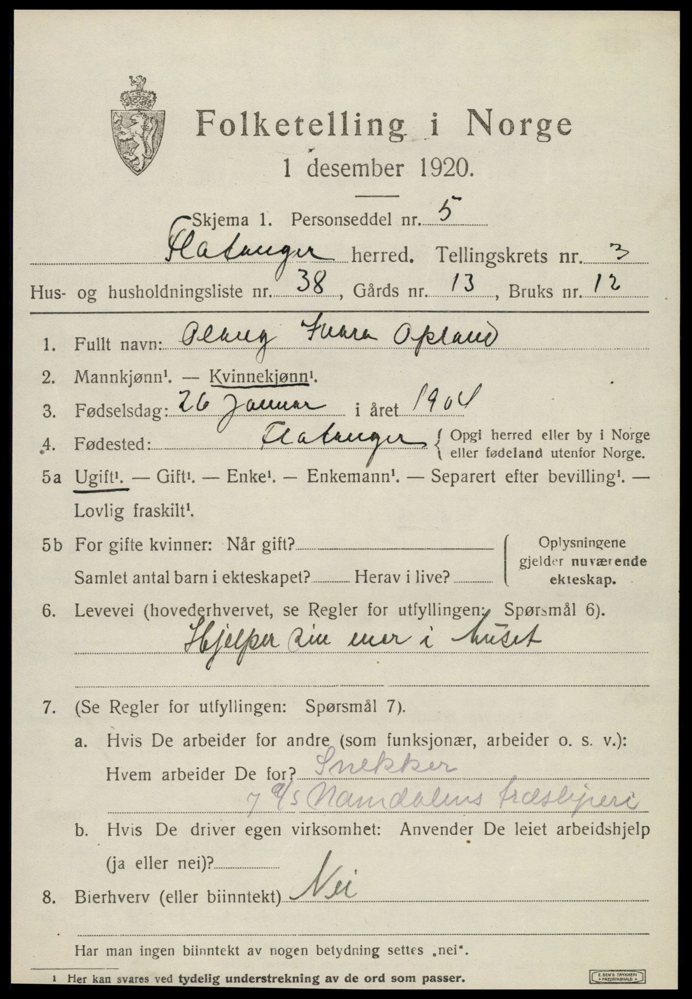 SAT, 1920 census for Flatanger, 1920, p. 2002