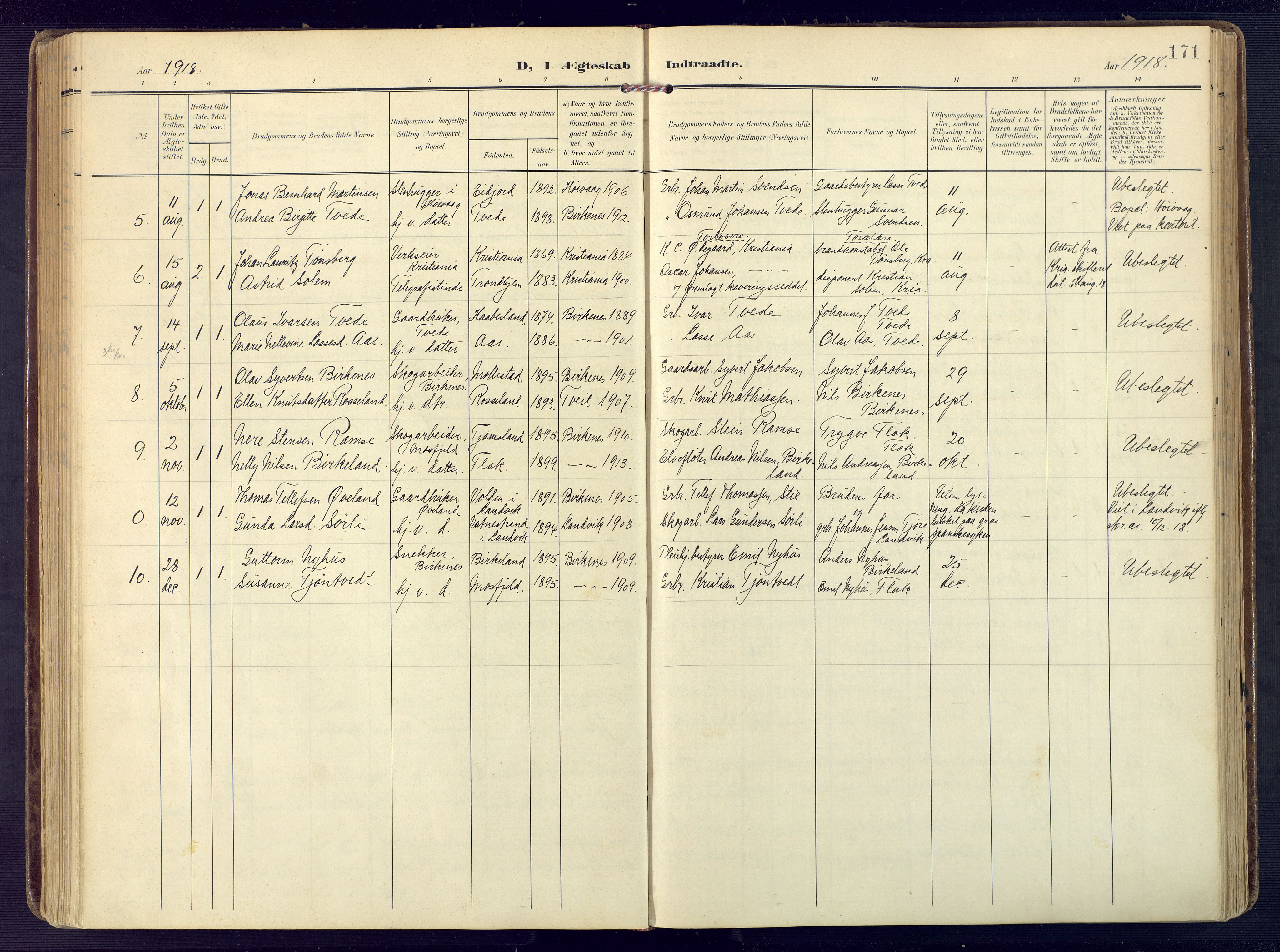 Birkenes sokneprestkontor, SAK/1111-0004/F/Fa/L0006: Parish register (official) no. A 6, 1908-1932, p. 171