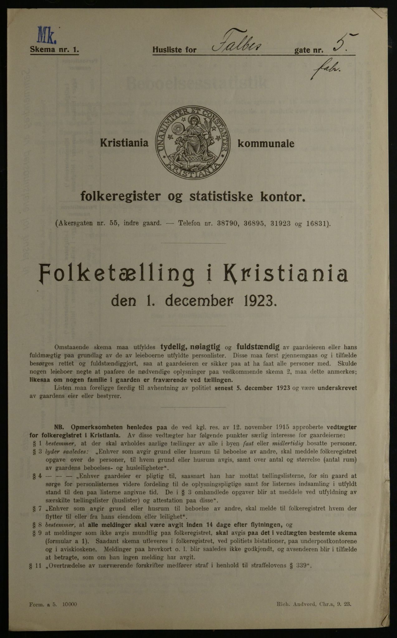 OBA, Municipal Census 1923 for Kristiania, 1923, p. 26159