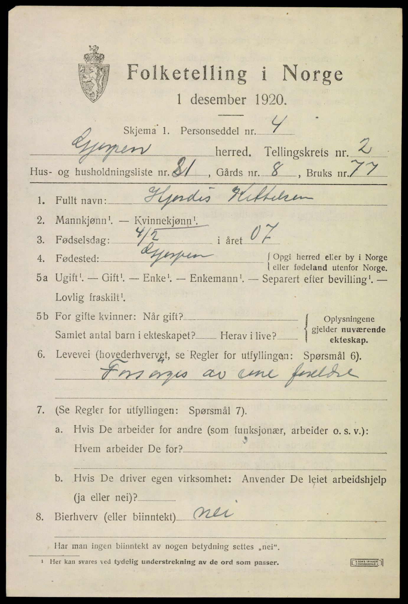 SAKO, 1920 census for Gjerpen, 1920, p. 5206