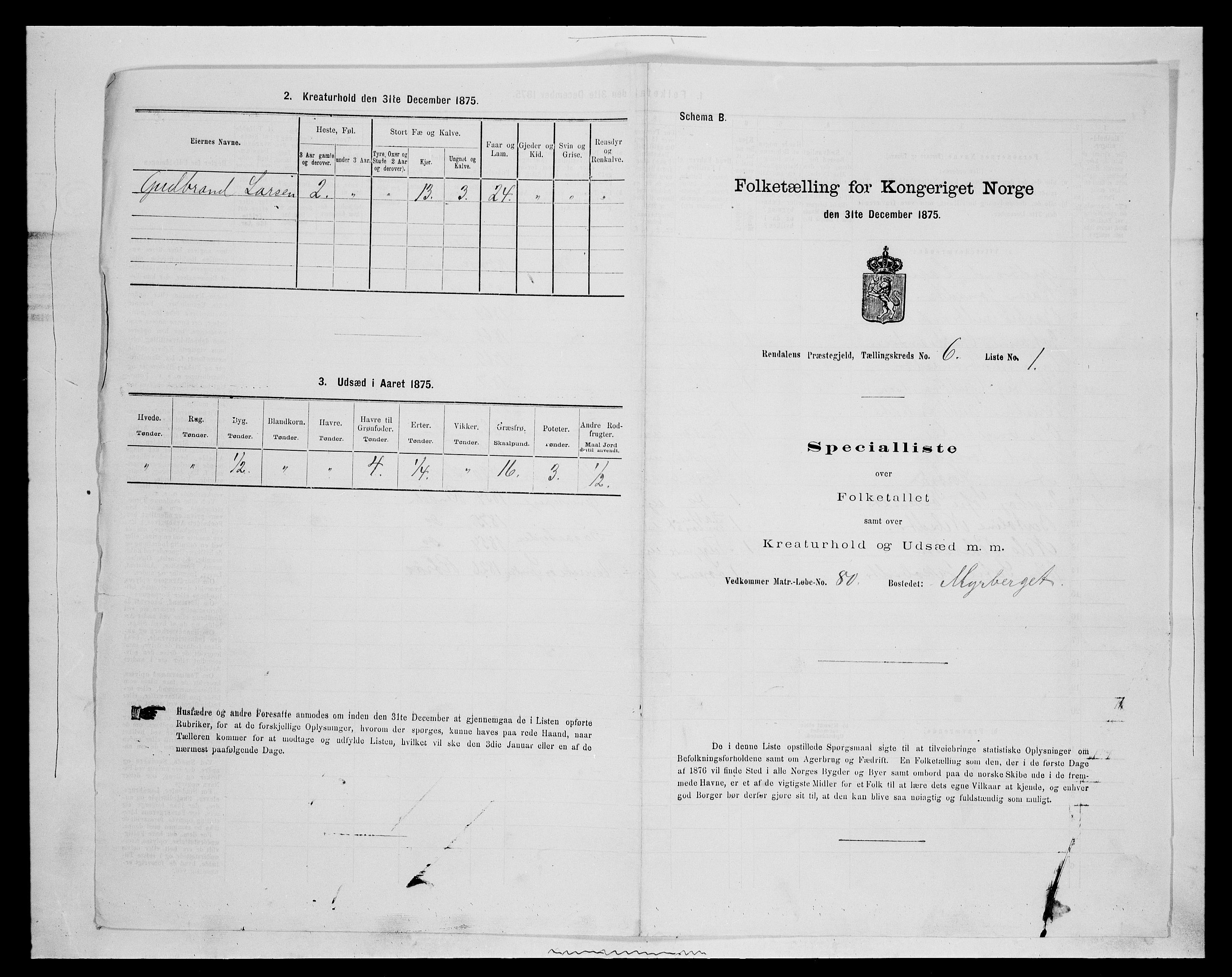SAH, 1875 census for 0432P Rendalen, 1875, p. 501