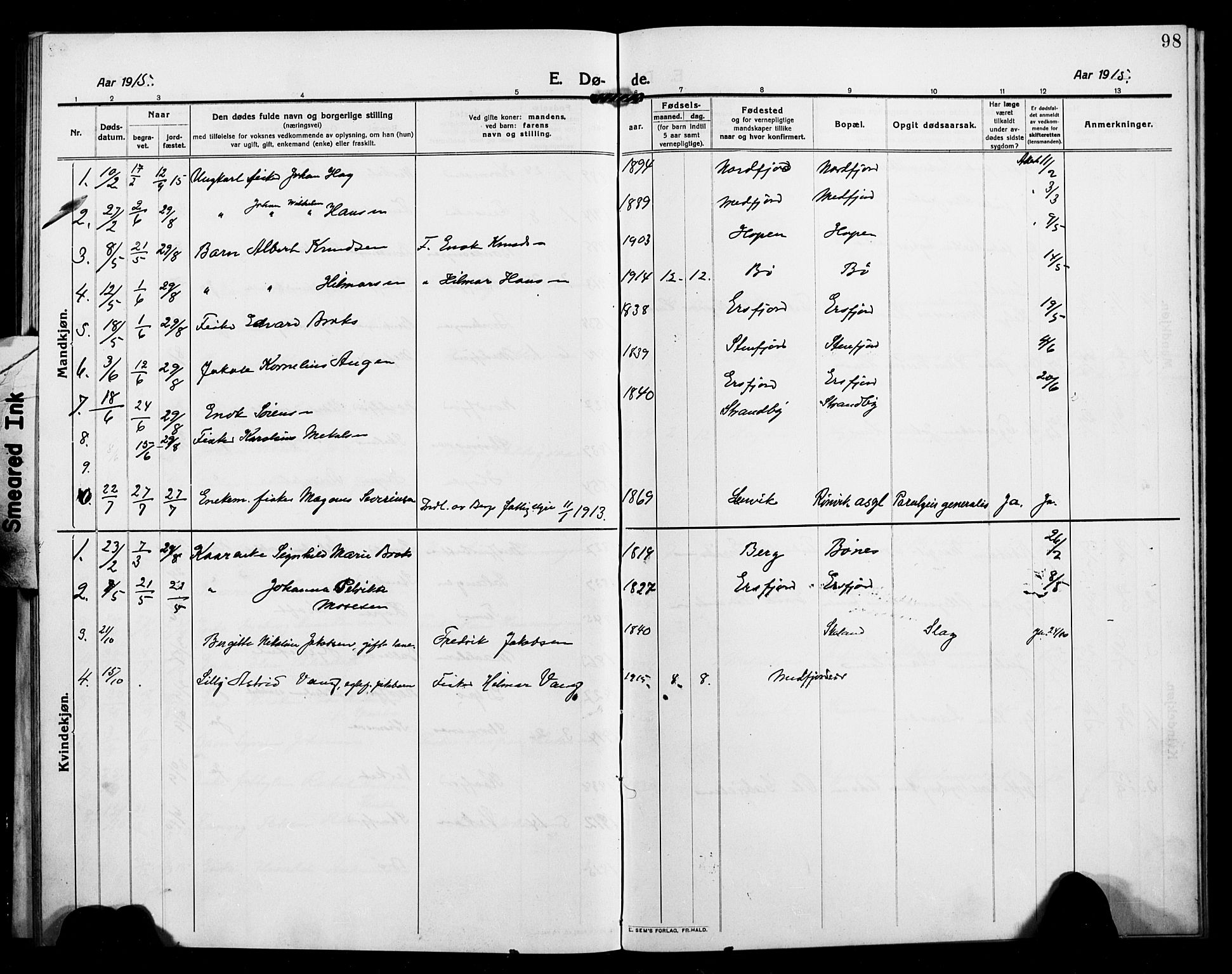 Berg sokneprestkontor, AV/SATØ-S-1318/G/Ga/Gab/L0006klokker: Parish register (copy) no. 6, 1912-1921, p. 98