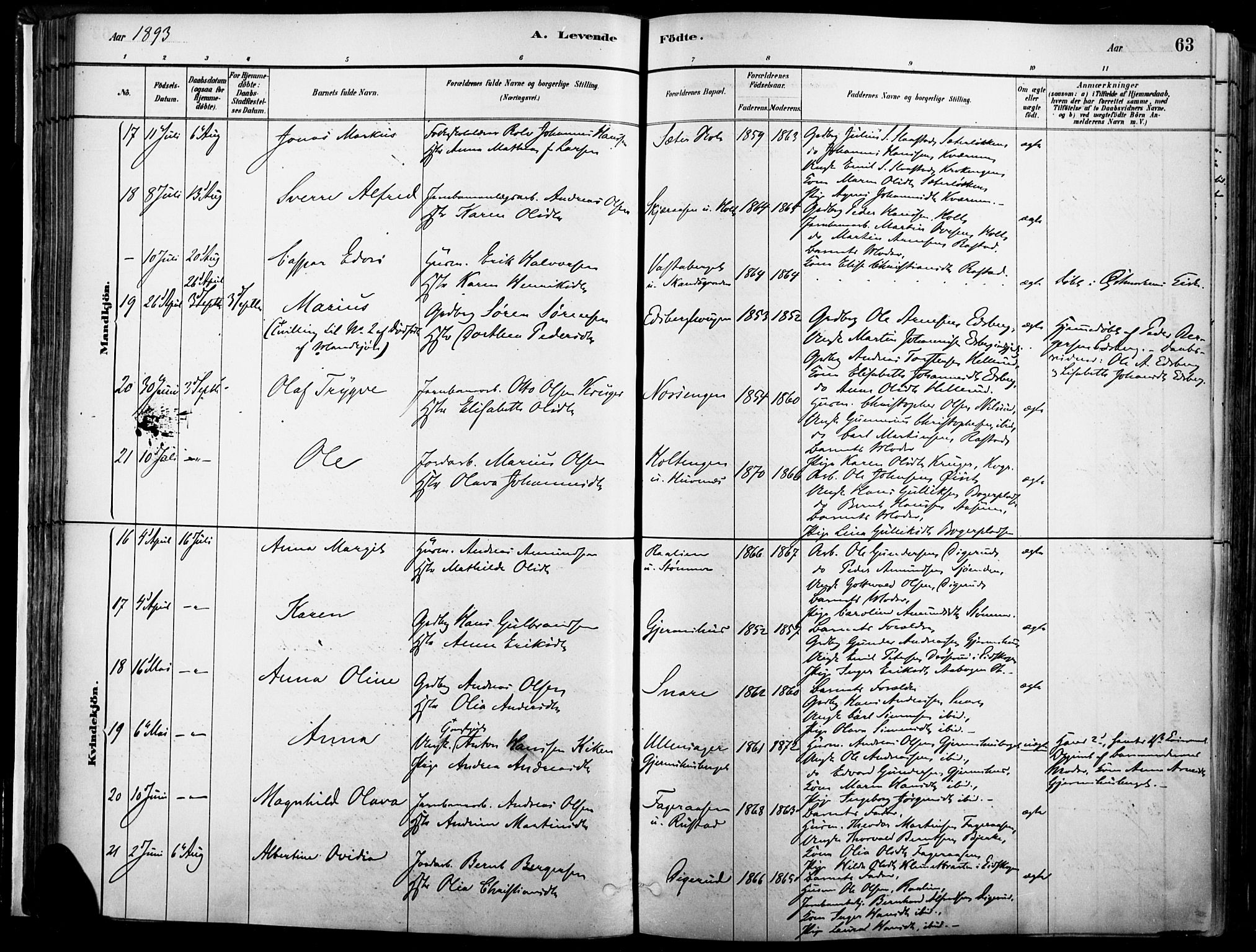 Vinger prestekontor, AV/SAH-PREST-024/H/Ha/Haa/L0014: Parish register (official) no. 14, 1881-1900, p. 63