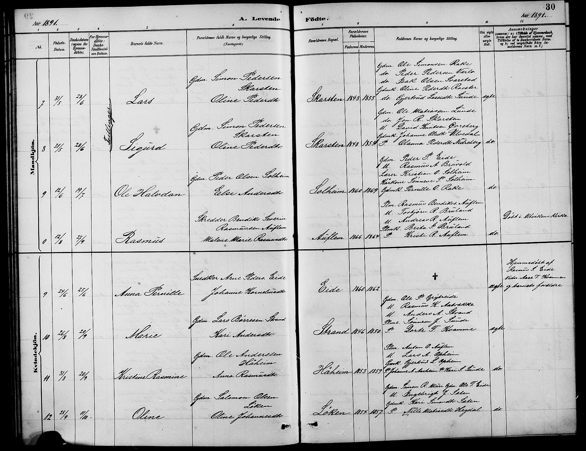 Innvik sokneprestembete, AV/SAB-A-80501: Parish register (copy) no. B 3, 1886-1897, p. 30