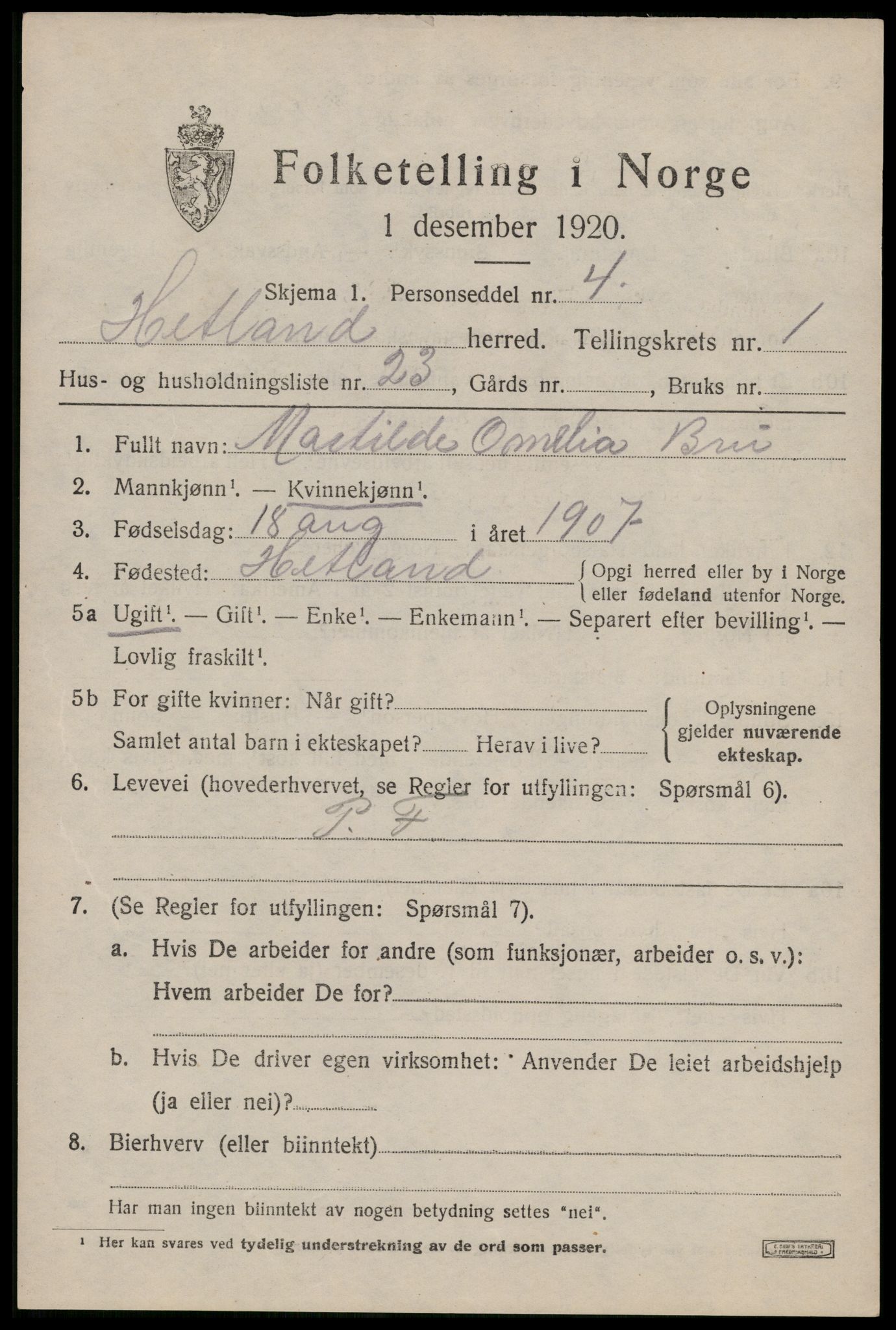 SAST, 1920 census for Hetland, 1920, p. 3803