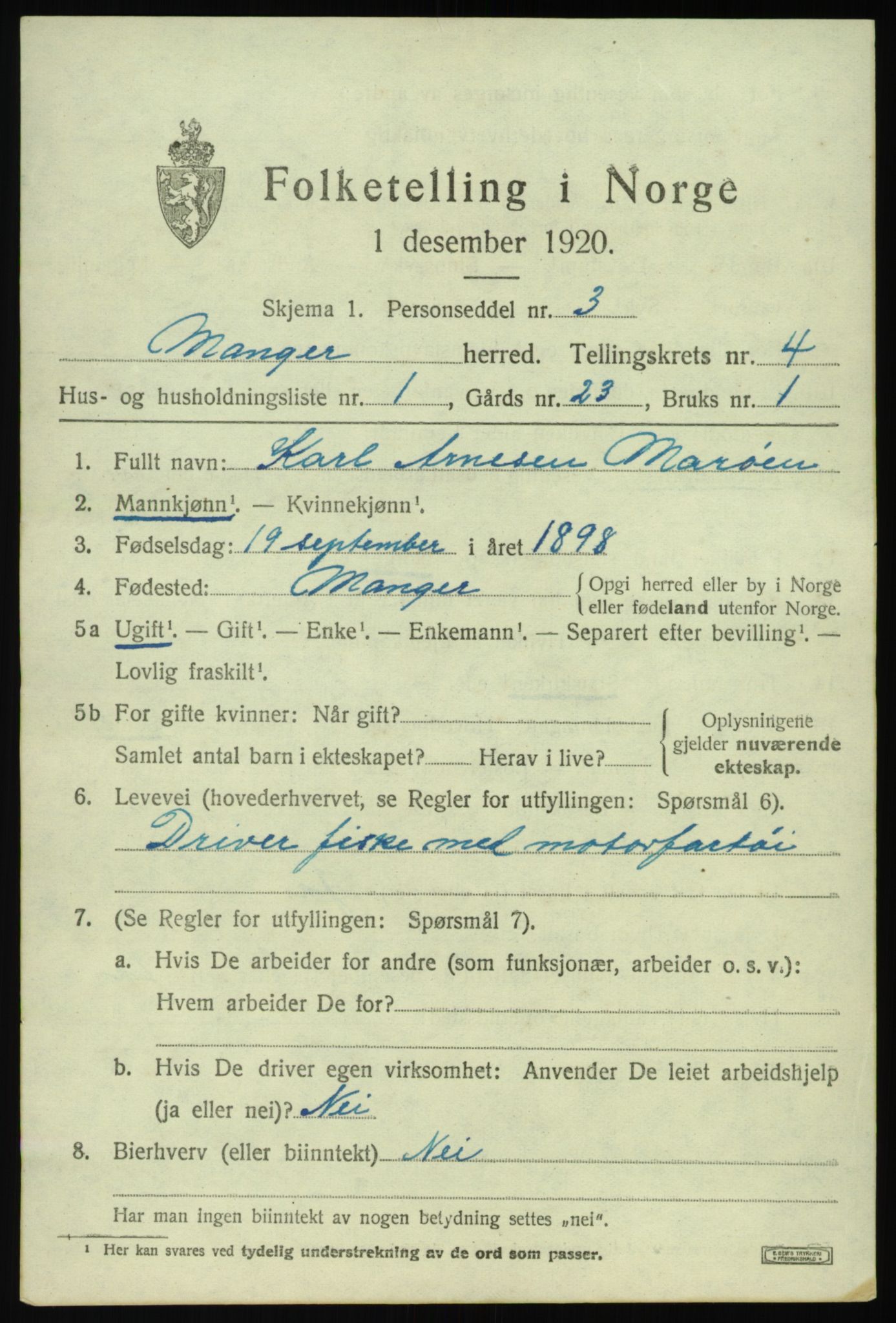 SAB, 1920 census for Manger, 1920, p. 3011