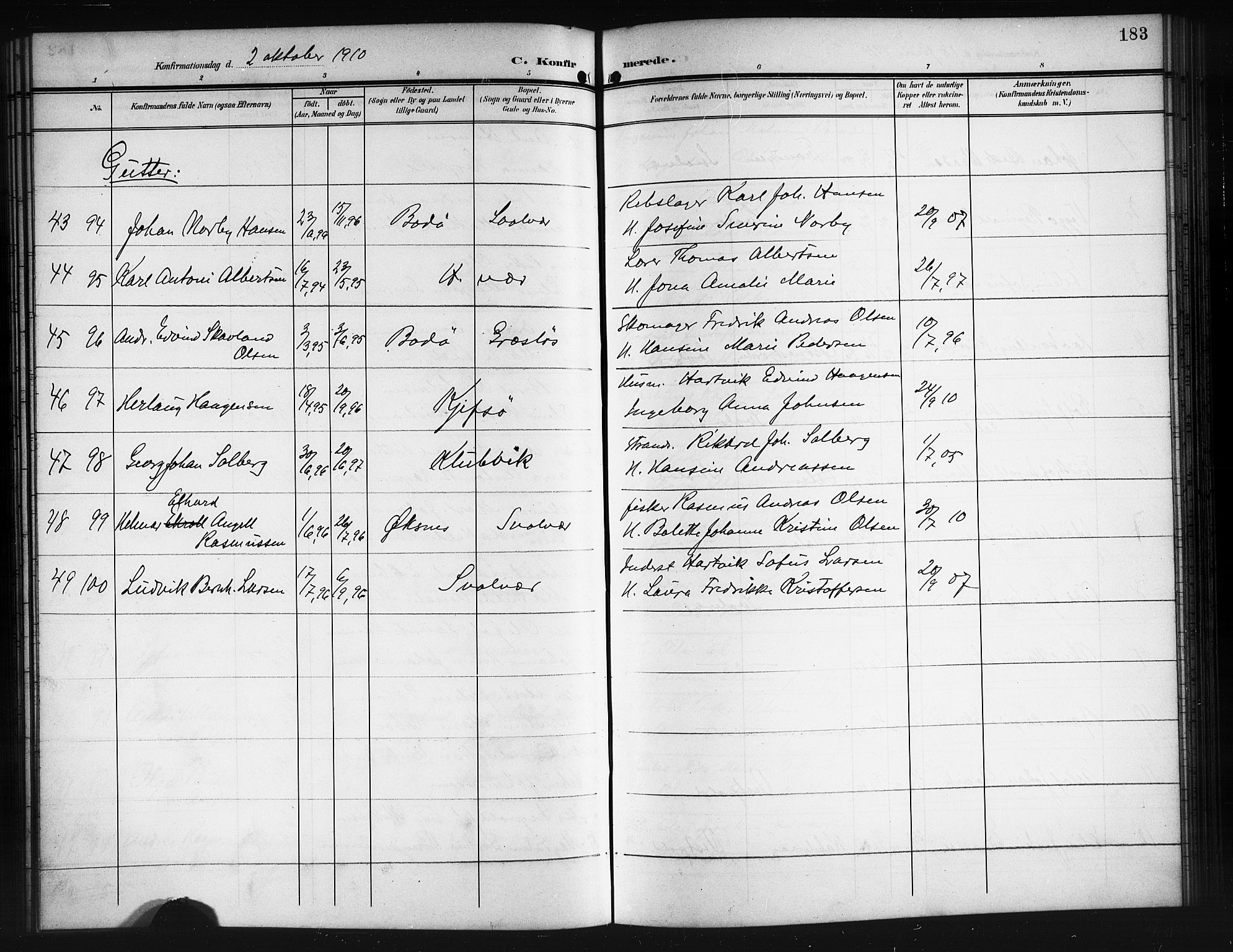 Ministerialprotokoller, klokkerbøker og fødselsregistre - Nordland, SAT/A-1459/874/L1079: Parish register (copy) no. 874C08, 1907-1915, p. 183