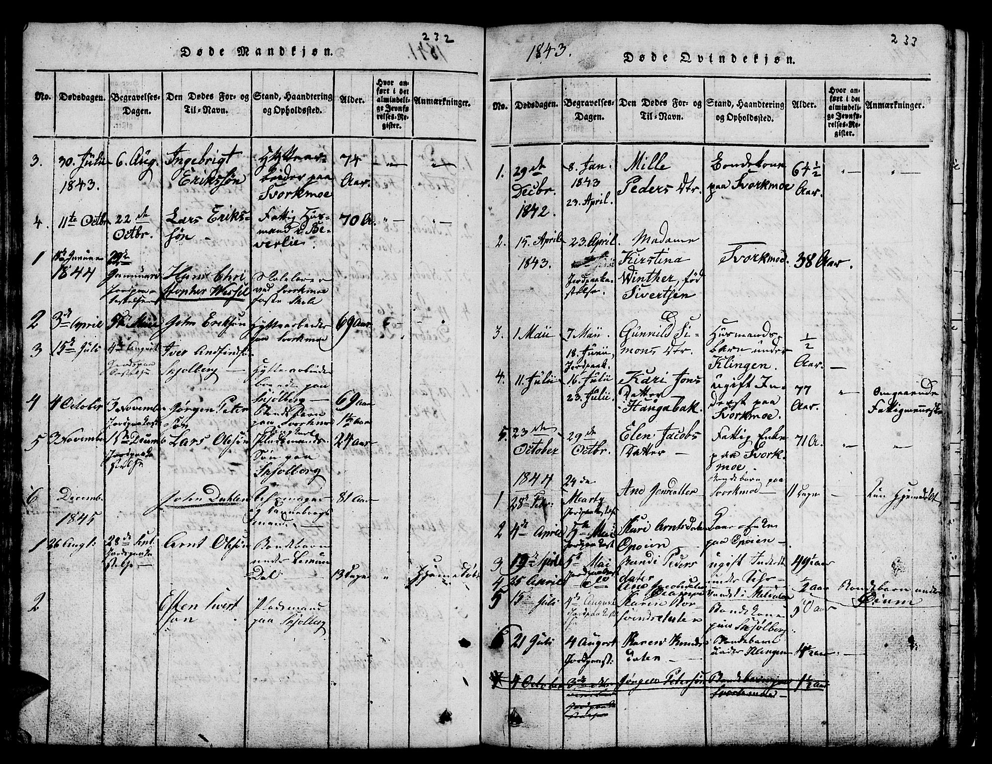 Ministerialprotokoller, klokkerbøker og fødselsregistre - Sør-Trøndelag, SAT/A-1456/671/L0842: Parish register (copy) no. 671C01, 1816-1867, p. 232-233